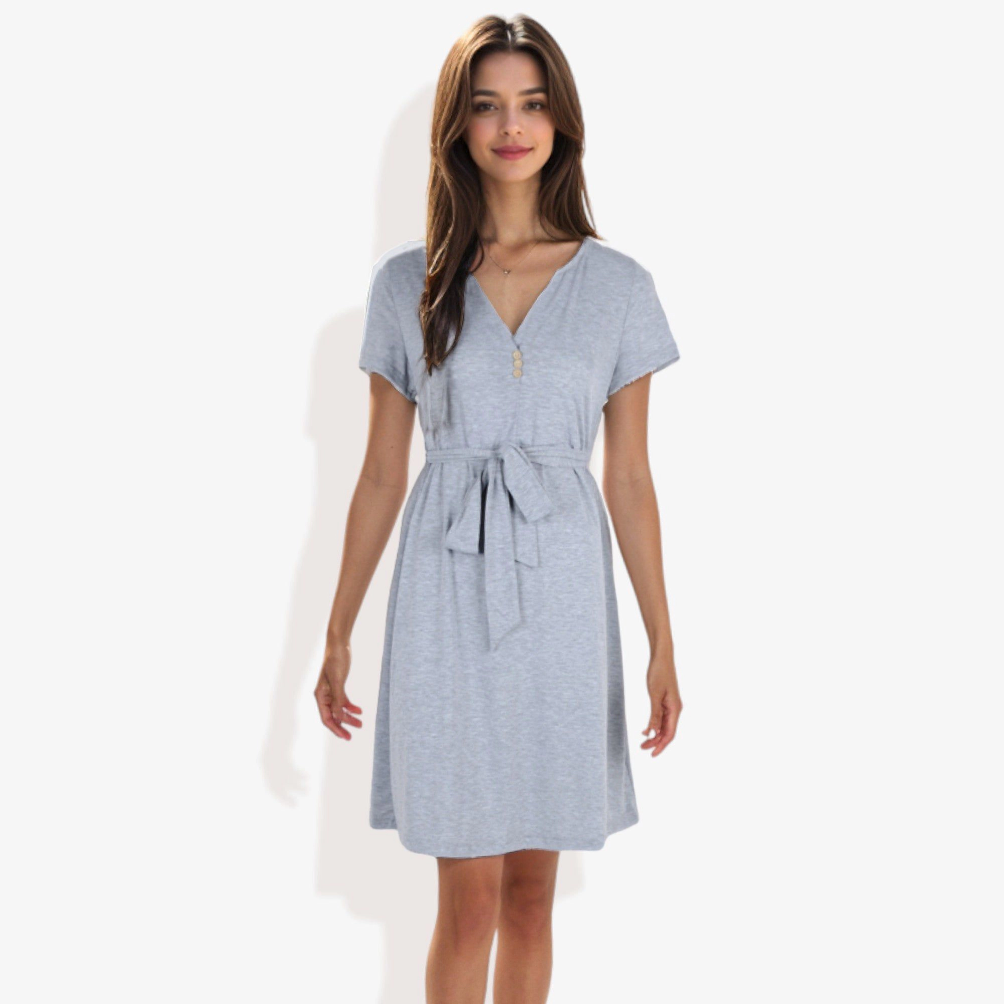 Anna-Kaci Women's Notched V-Neck Button Detail Belted Flared Tunic Dress