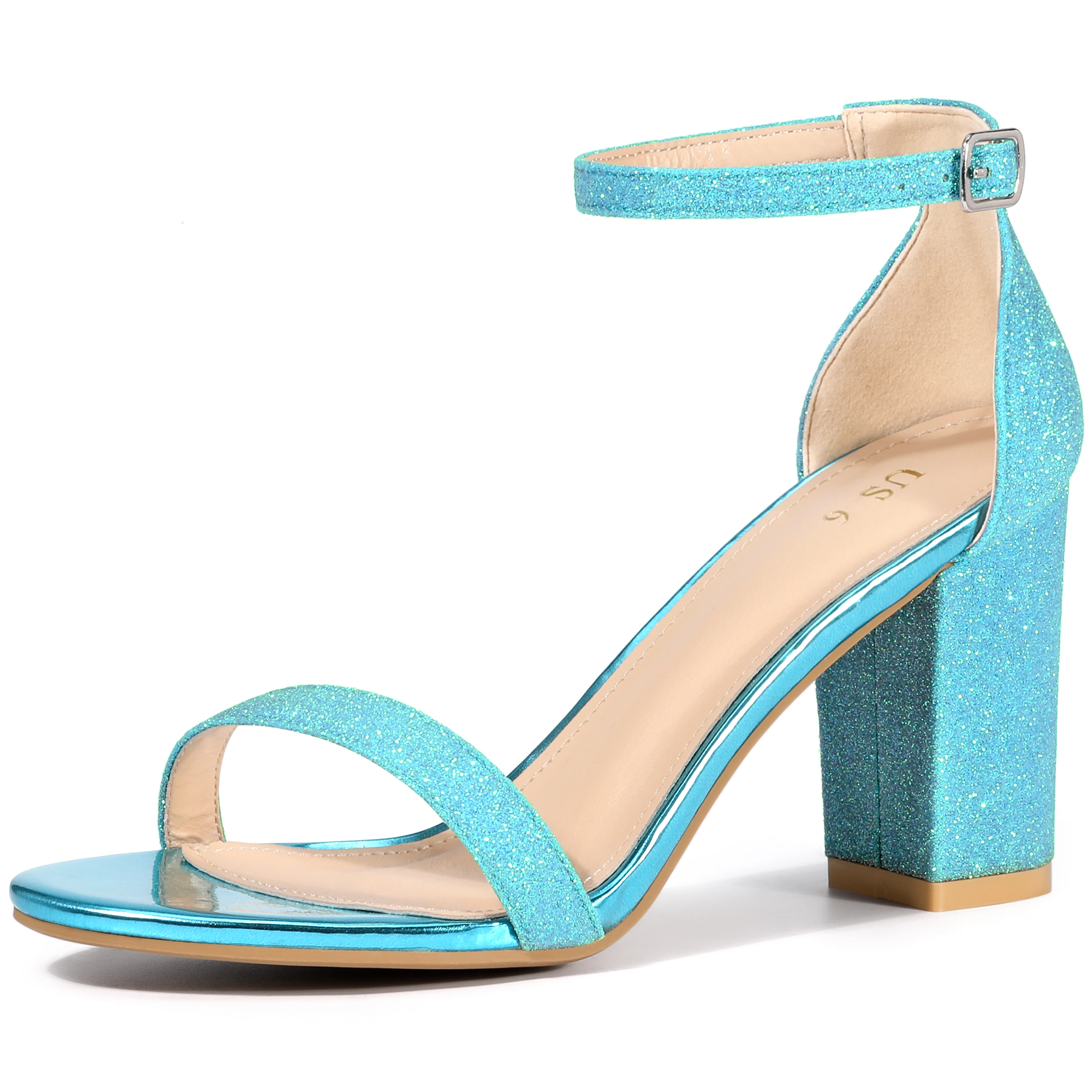 BLISSFUL STEP Women's Glitter Ankle Strap Chunky Heels Sandals