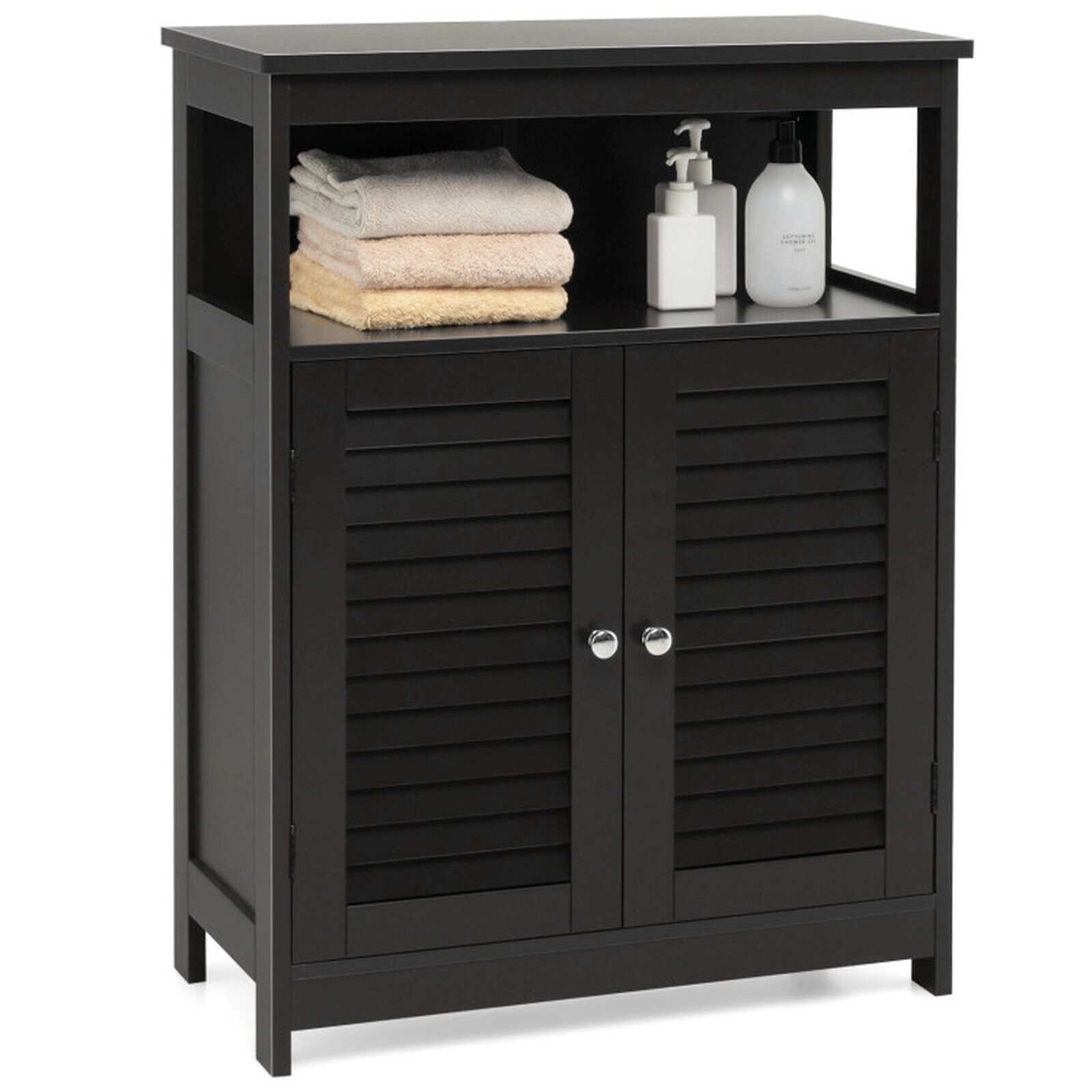 SUGIFT Black 77-lb Top Capacity Double Shutter Door Freestanding Bathroom Storage Cabinet with Open Shelf