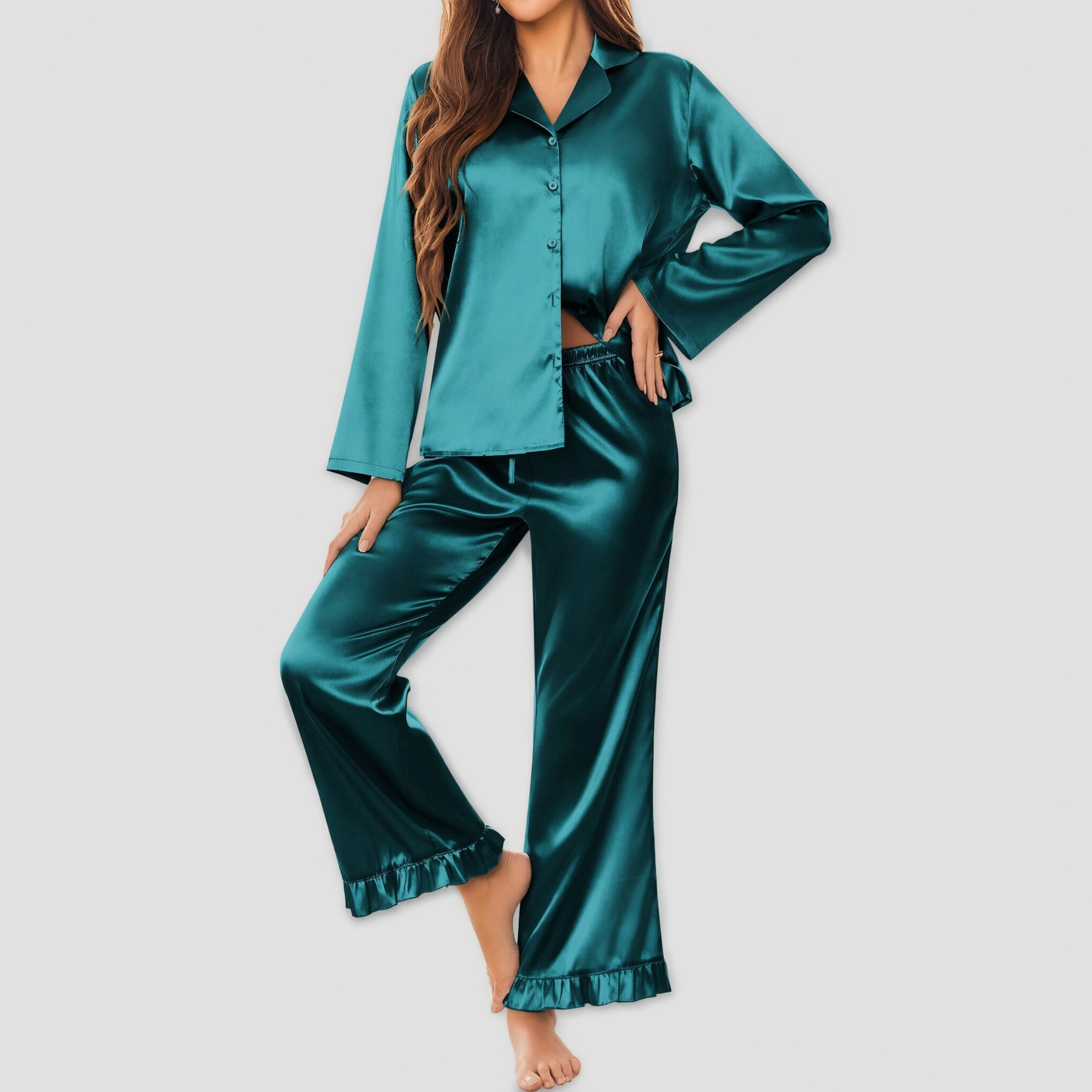 Ekouaer Silk Satin Pajamas Set Womens Long Sleepwear Button Down Two Piece Classic