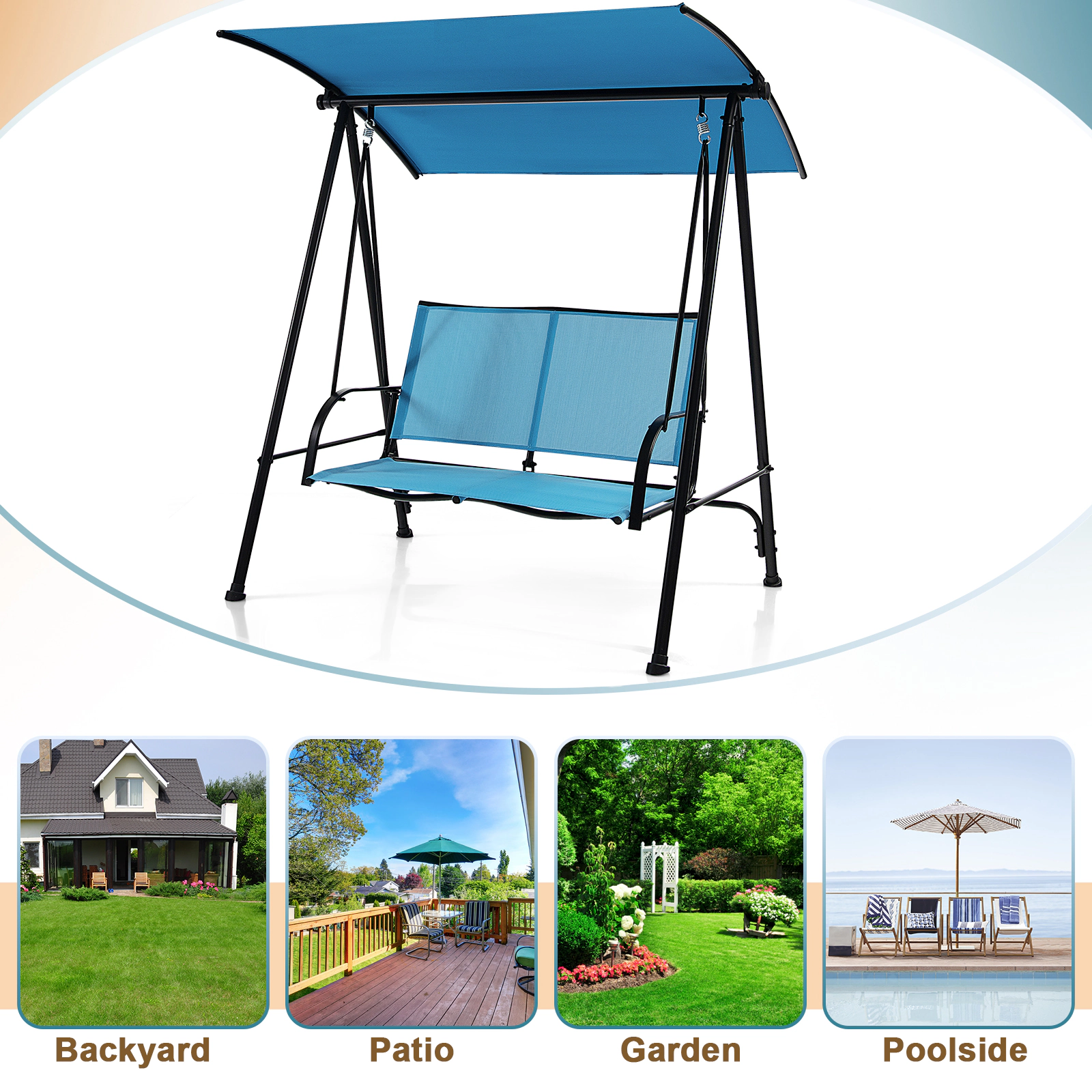 SUGIFT 2-Seat Navy Blue Outdoor Porch Swing with Canopy, 600-lb Capacity