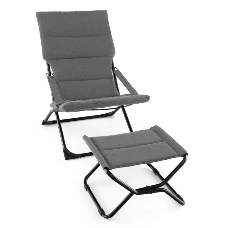 Hivvago Patio Folding Sling Chair With Ottoman Footrest And Removable Cushion-Gray