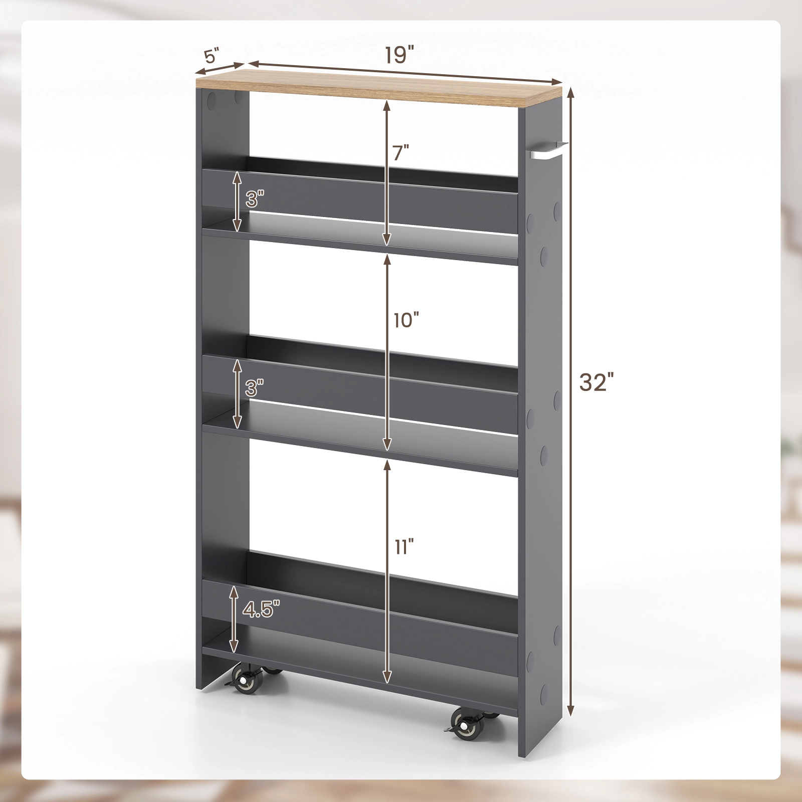 SUGIFT Slim Rolling Kitchen Storage Cart Mobile Shelving Organizer with Handle 22-lb Bottom Shelf Capacity 3-Tier Gray
