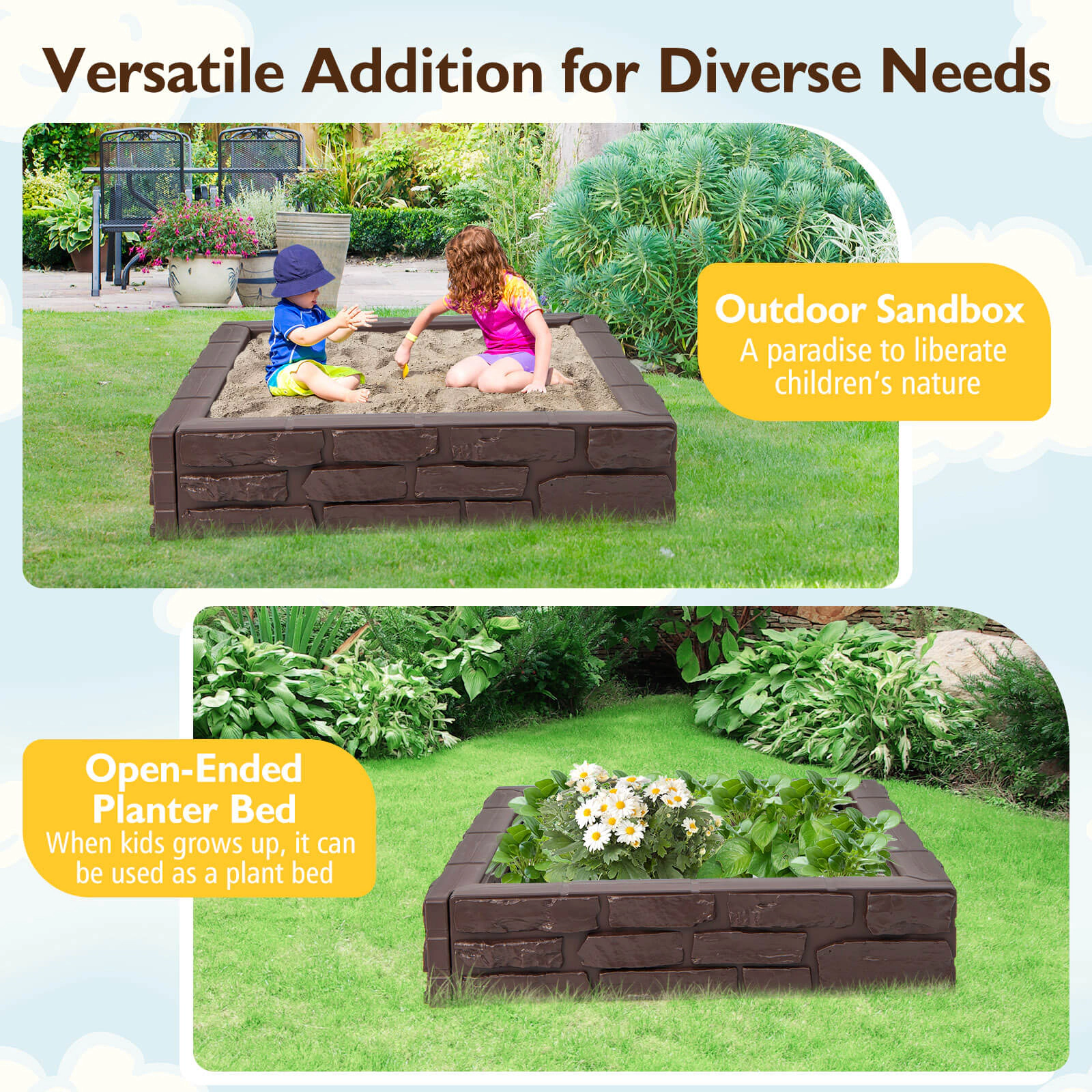 SUGIFT Brown Oxford Cover and Bottom Liner 2-in-1 HDPE Kids Sandbox