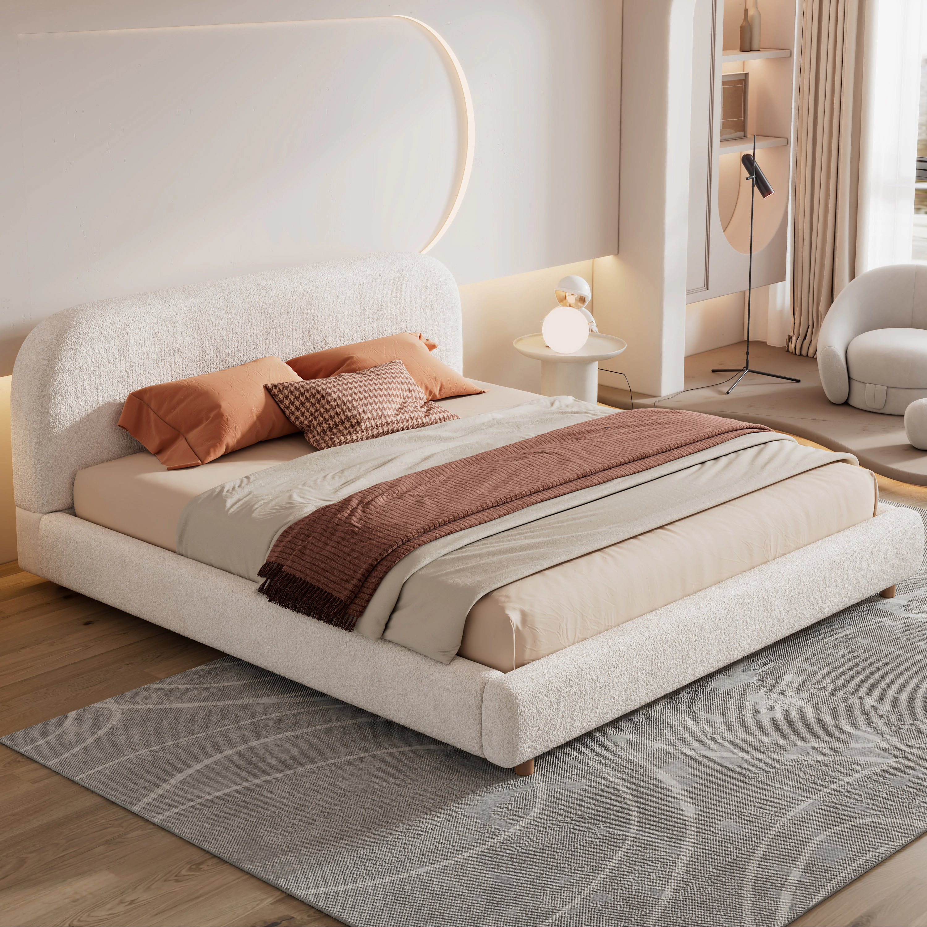 Flynama King Boucle Upholstered Platform Bed, Curved Headboard, White, Easy Assembly
