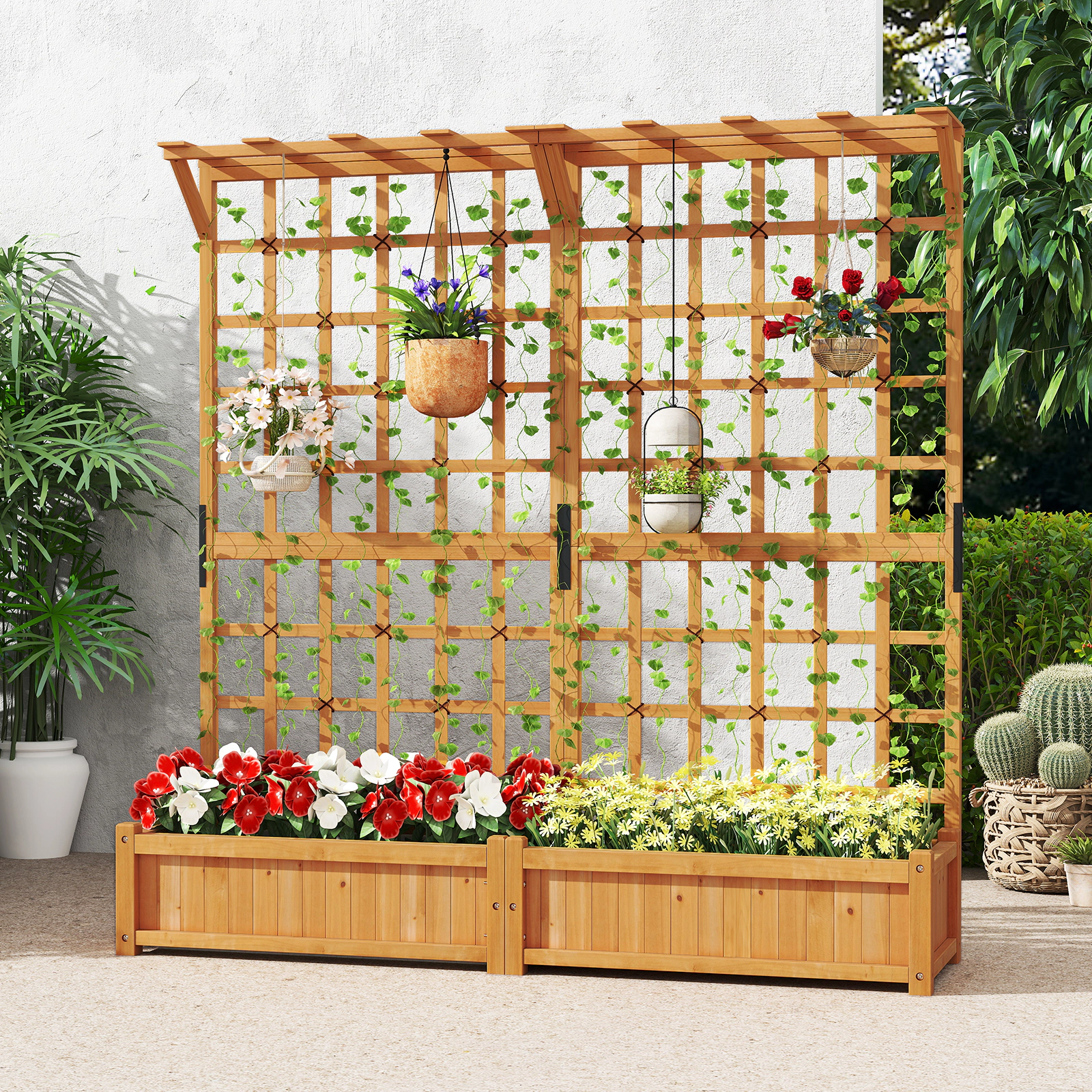 LJG 71 Inches Large Wooden Planter Container with Trellis and Hanging Roof