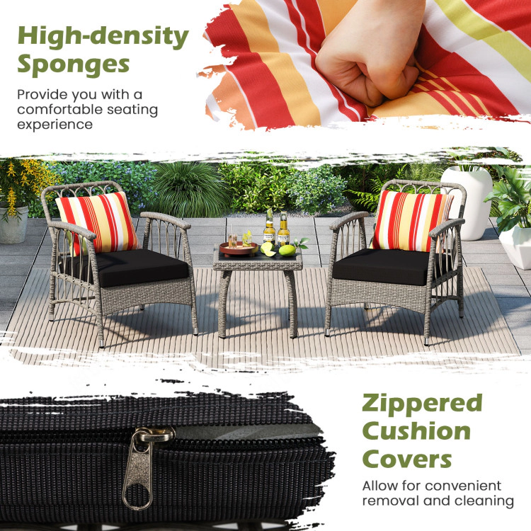 Hivvago 3 Pieces Patio Pe Wicker Furniture Set With 5-Level Adjustable Backrest-Gray