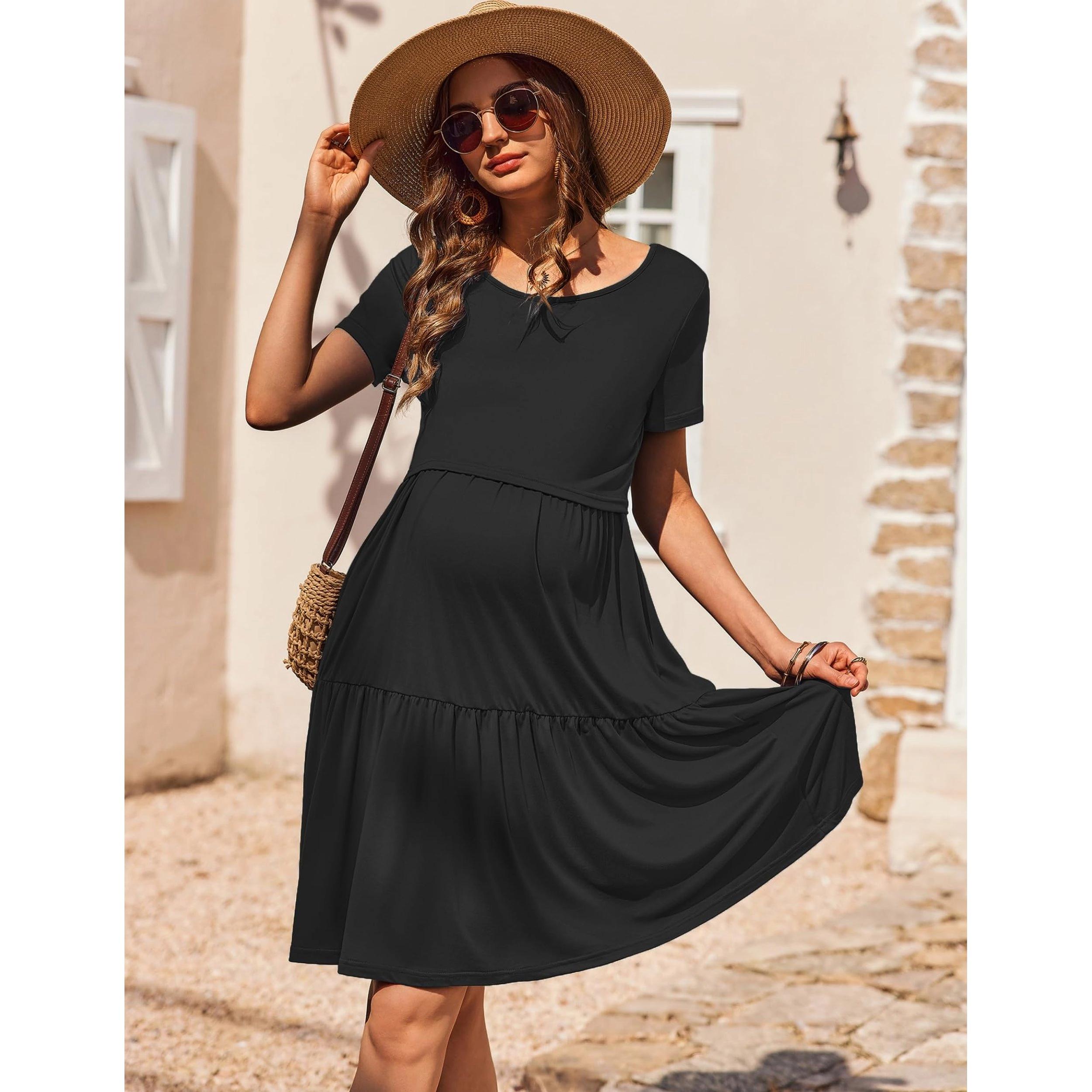Ekouaer Nursing Dress Summer Short Sleeve Breastfeeding Casual Knee Length Maternity Dresses