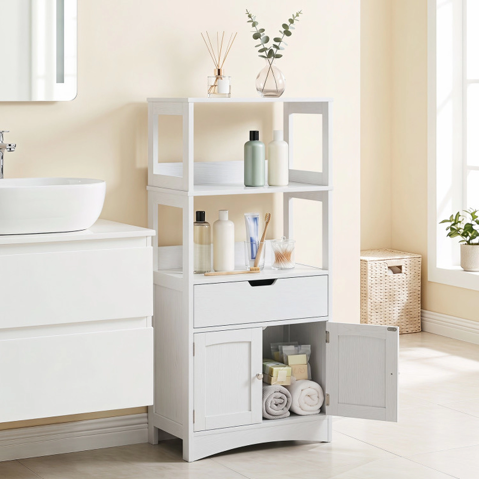SUGIFT Bathroom Storage Cabinet with Open Shelves and Drawer 110-lb Capacity 24-in Wide Engineered Wood White