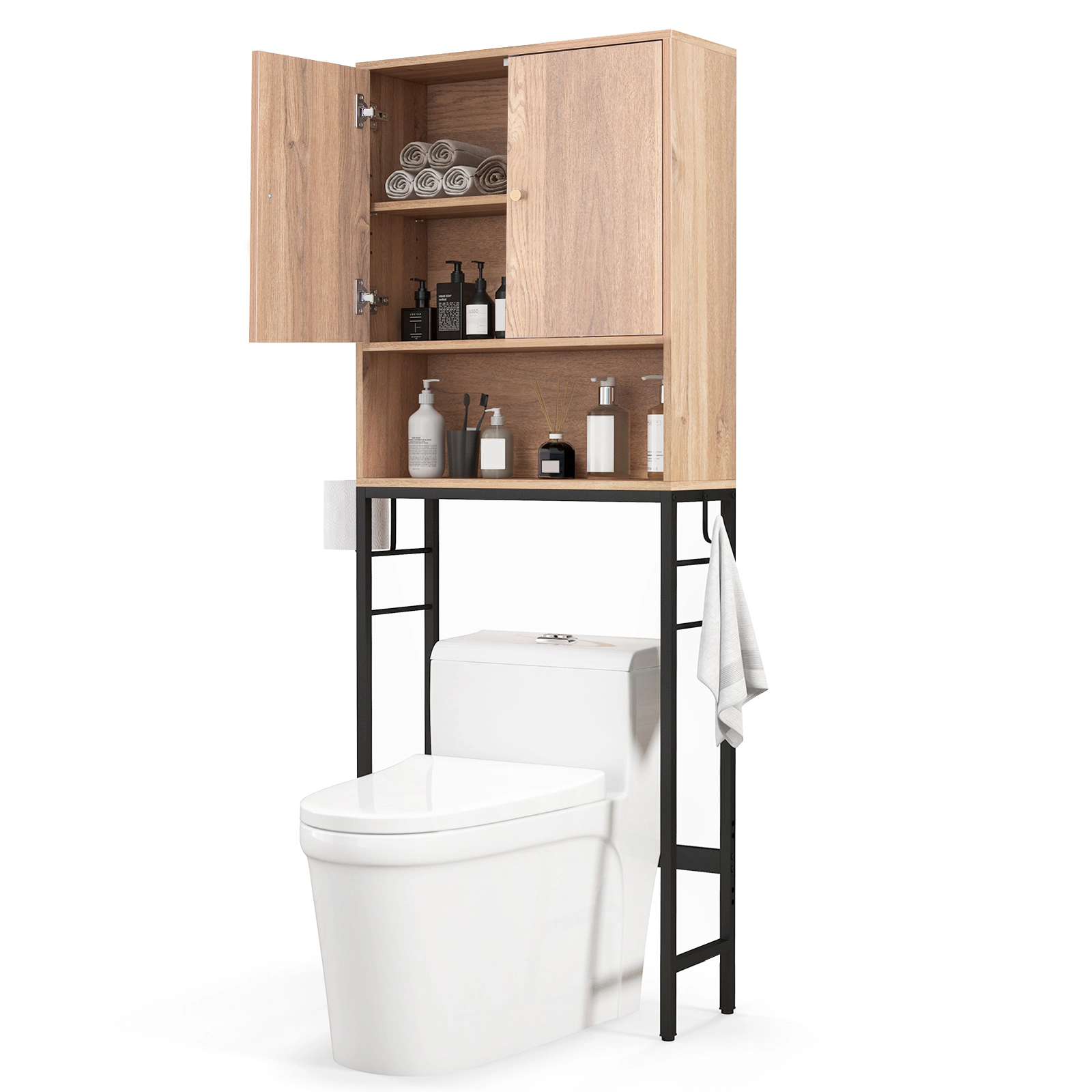 SUGIFT Over The Toilet Storage Cabinet with 2 Doors and Adjustable Shelf 9-in Deep 132-lb Capacity Natural Black White