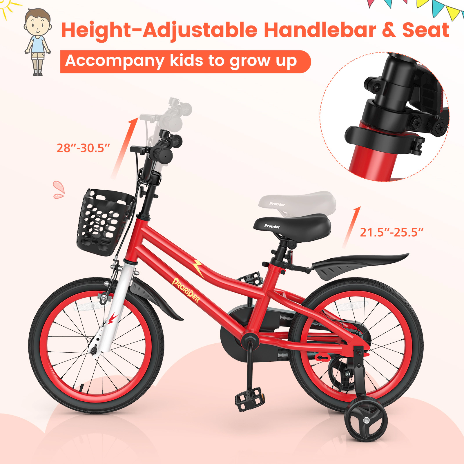 16-in Kids Bike Removable Training Wheels Ages 4-7 Carbon Steel Bicycle Hand Brake Coaster Brake Front Basket