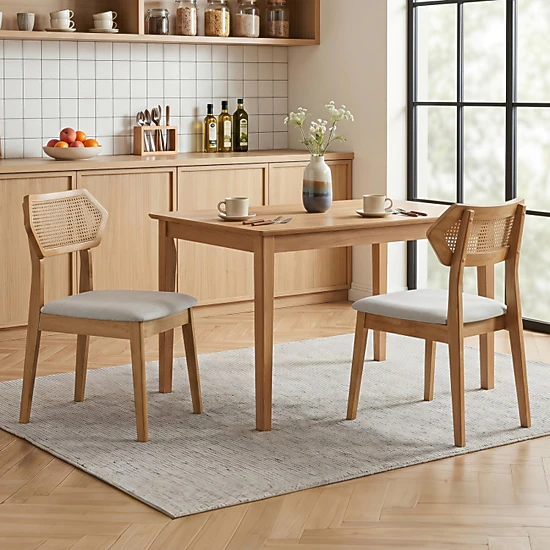 SUGIFT Set of 4 Natural Wood Dining Chairs with Rattan Back and Padded Seat