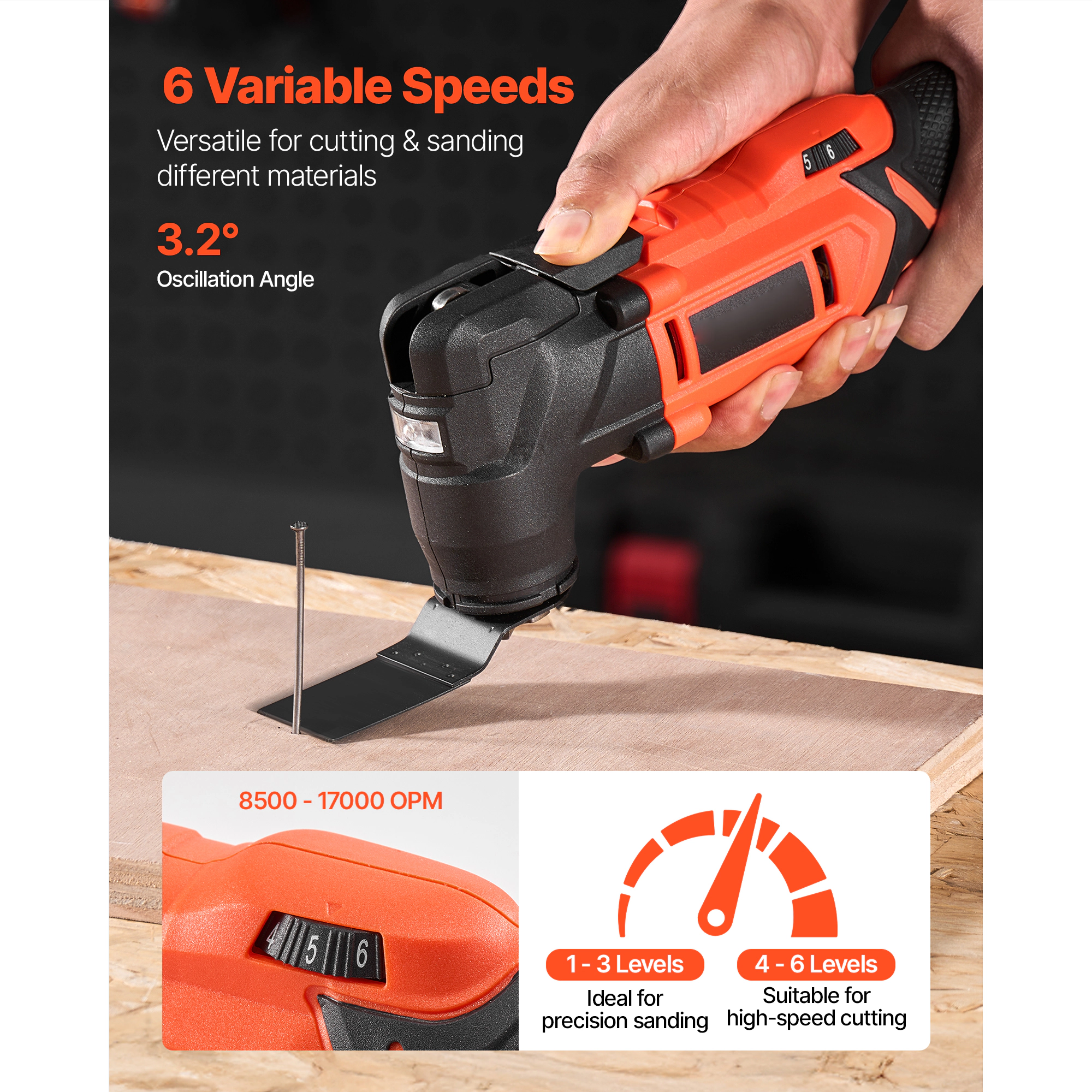 HONGGE Cordless Oscillating Tool, Oscillating Tool with 6 Variable Speeds OPM, 3.2° Angle