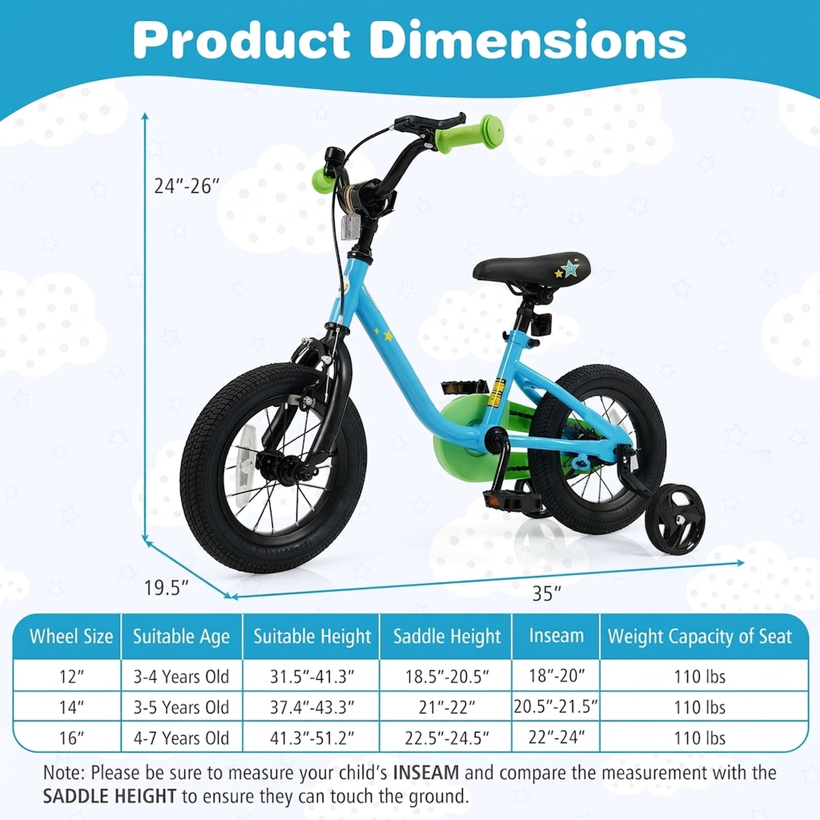 12-in Kids Bike Boys/Girls with Detachable Training Wheels Enclosed Chain Guard and Wheel Reflectors Ages 3-4 Blue