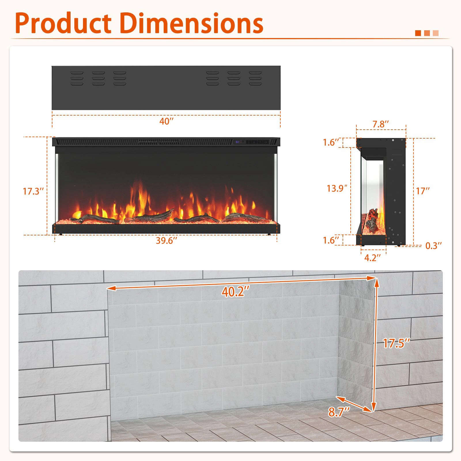 SlickBlue 40 inch Indoor Electric Fireplace with Adjustable Heat