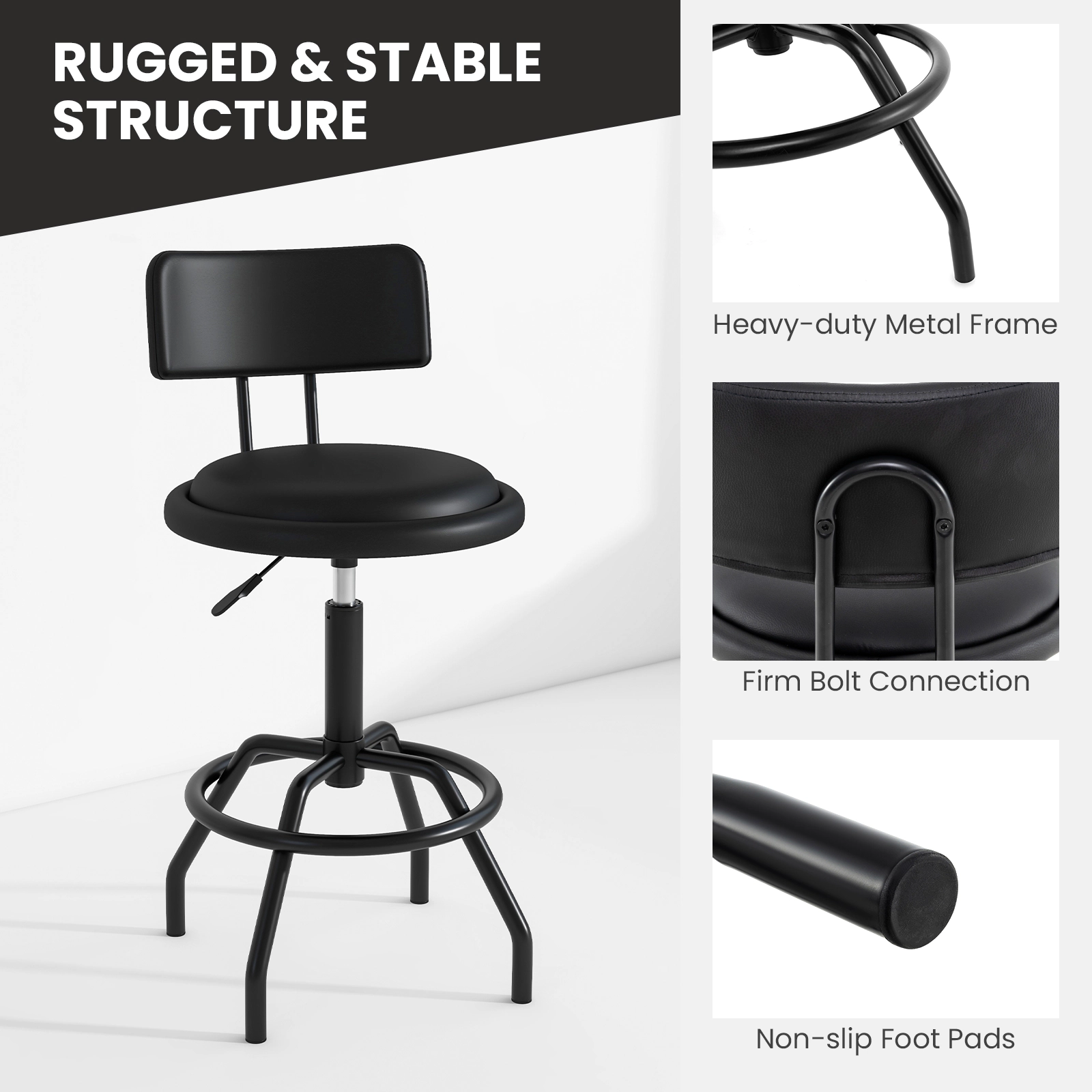 SUGIFT 360° Swivel Adjustable Counter Height Bar Stool with Padded Seat and Back 330-Lb Capacity Black Set of 2