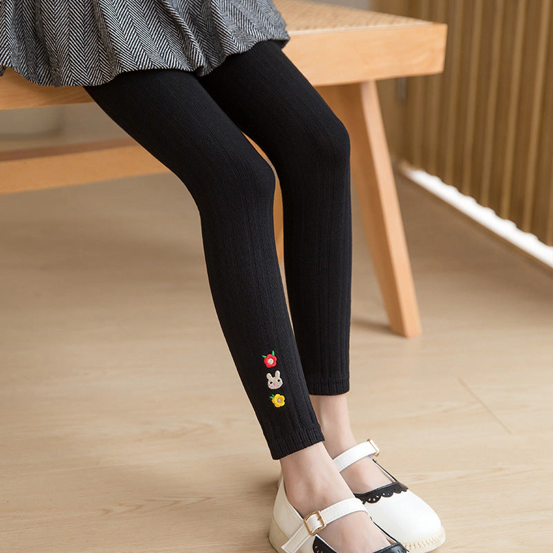 MyKids-USA Baby Girl Embroidered Pattern Solid Color Soft Cotton Leggings