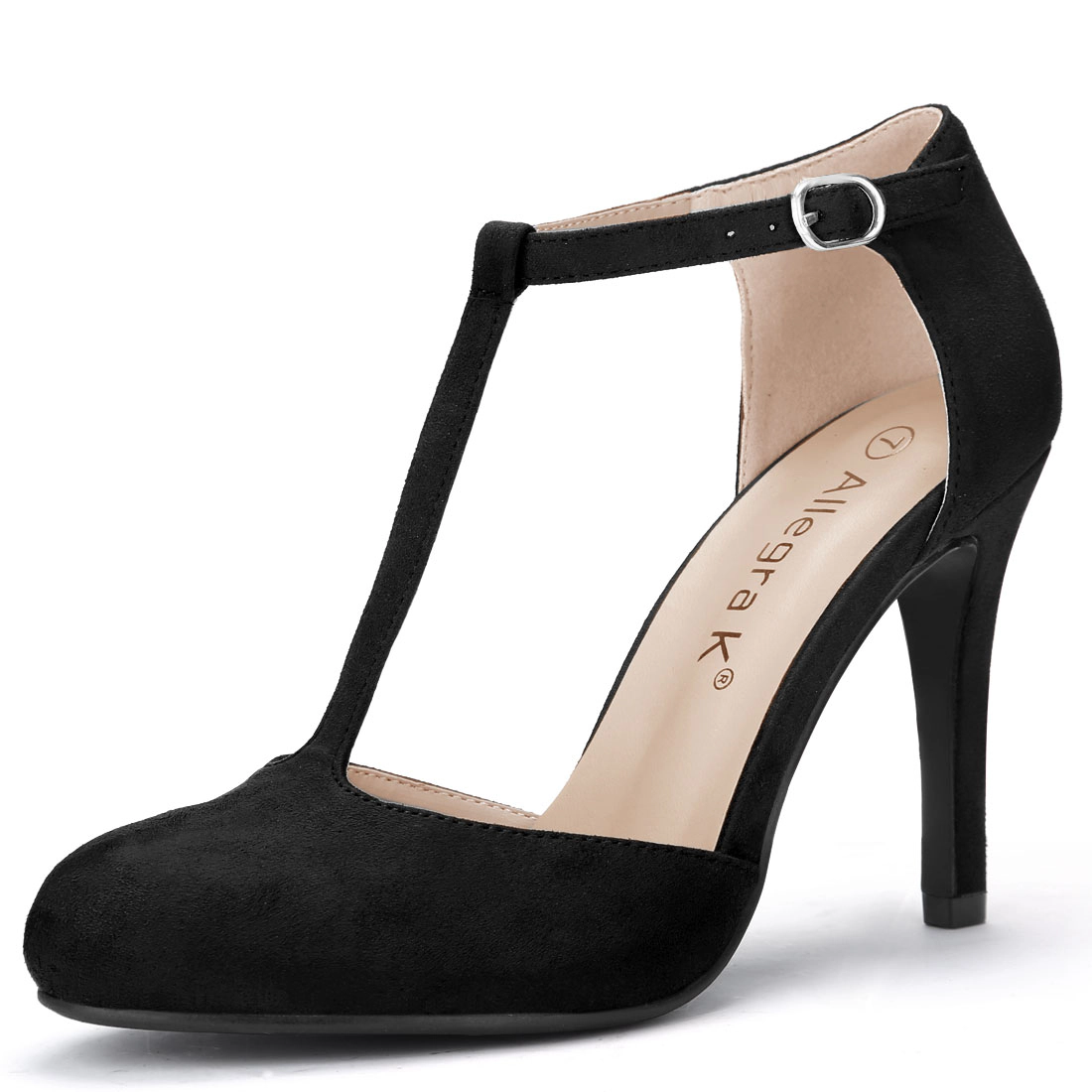 BLISSFUL STEP Women's Rounded Toe Stiletto Heel T-Strap Dress Pumps