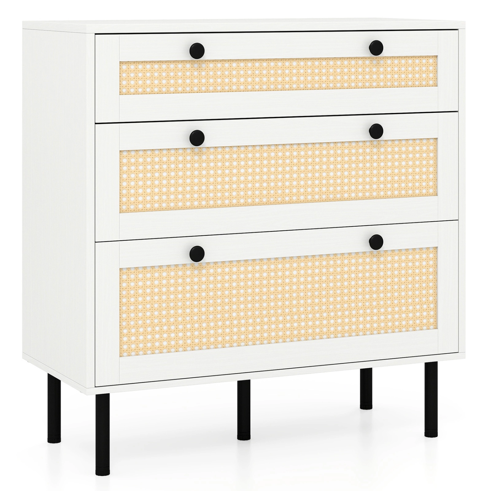 SUGIFT White Rattan 3-Drawer Dresser Nightstand, Boho Bedroom Chest