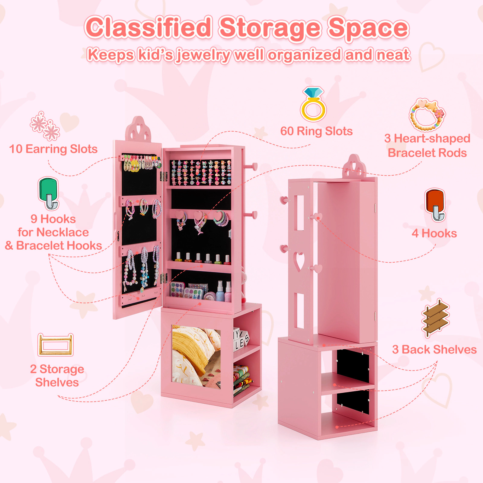 SUGIFT Kids Jewelry Cabinet and Dress-Up Organizer with Floor-Length Mirror and Back Panel Hooks
