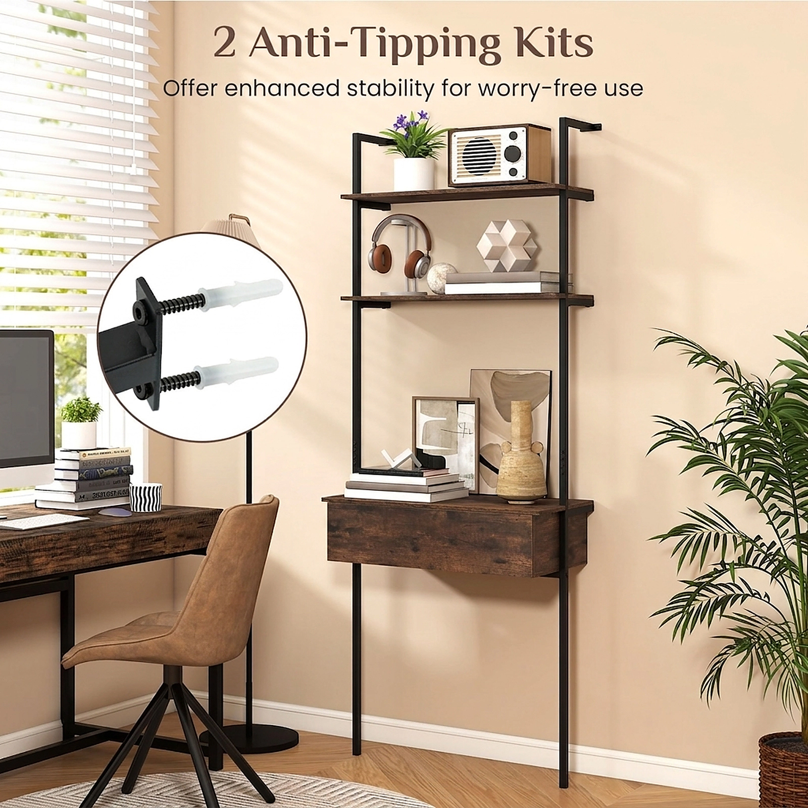 SUGIFT 4-Tier 73-in Tall Ladder Shelf Bookshelf with Drawer Metal Frame and 120-lb Capacity for Living Room