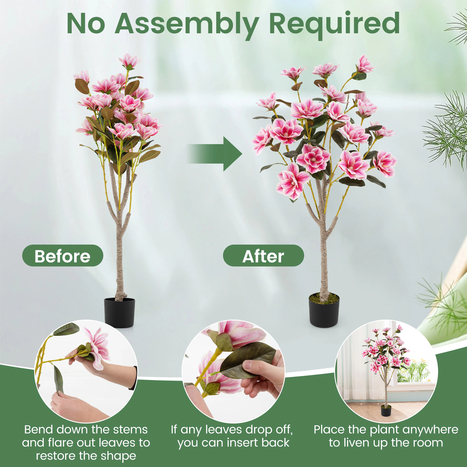 Slickblue Artificial Magnolia Tree with Blooming Flowers and Multi Branch Trunks for Home Decor
