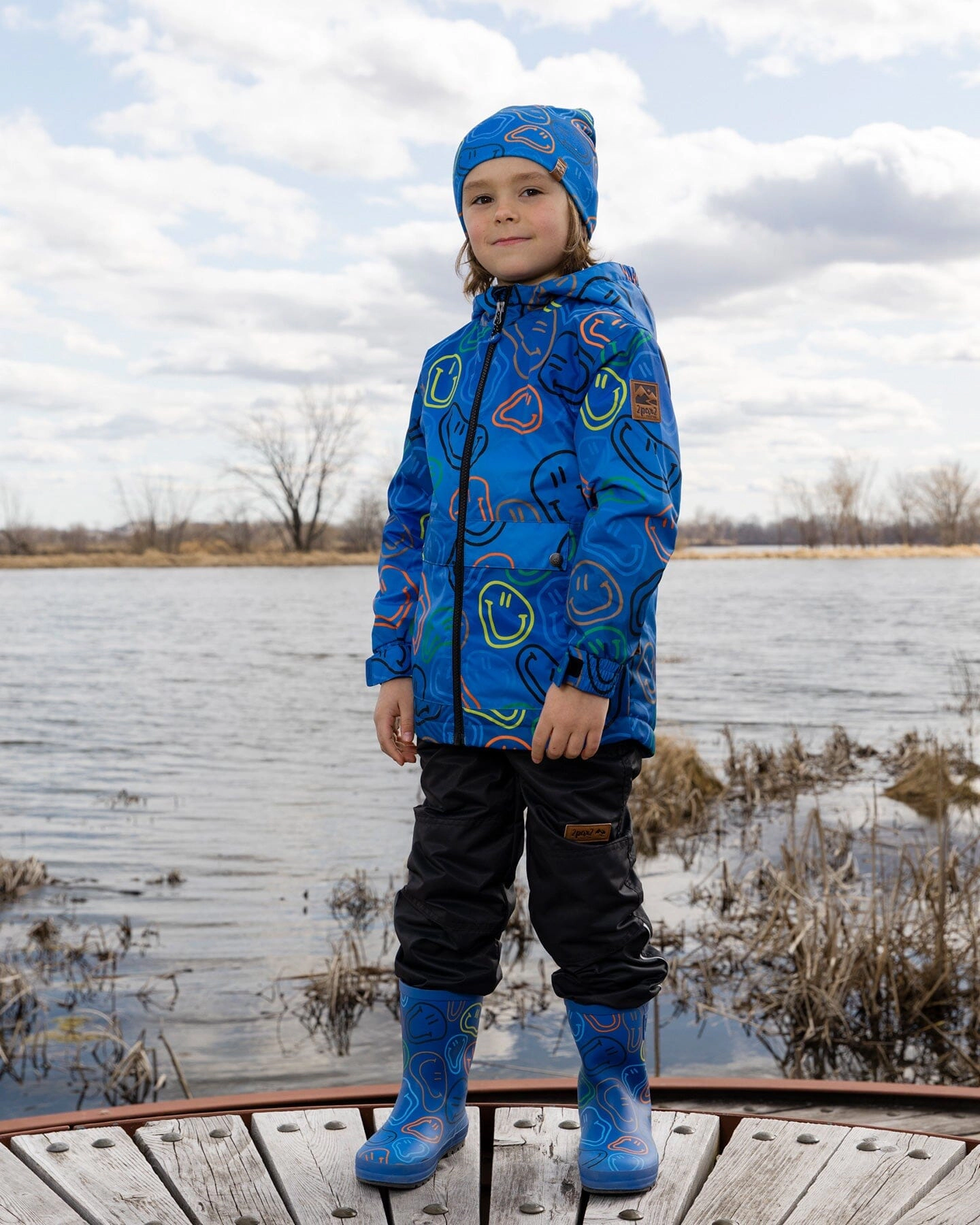 Deux par Deux Boys Rain Boots In Rubber Smiley Print