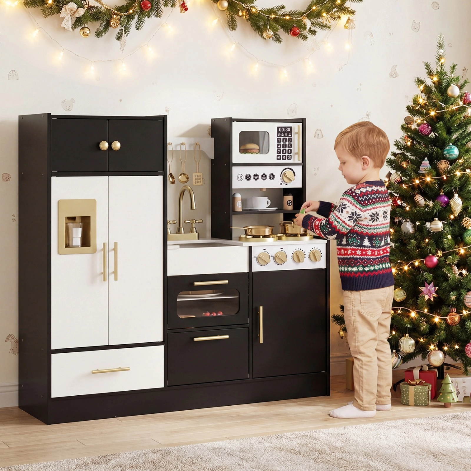 SUGIFT Black Ice Machine Coffee Maker and Realistic Lights Kids Wooden Play Kitchen