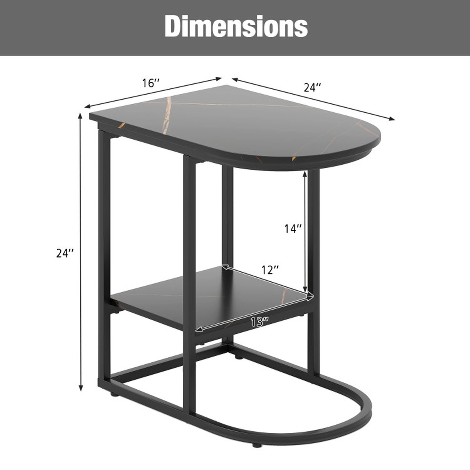 SUGIFT C-Shaped Modern Sofa Side Table Faux Marble Tabletop & Storage Shelf 66-lb Tabletop Capacity 22-lb Shelf Capacity