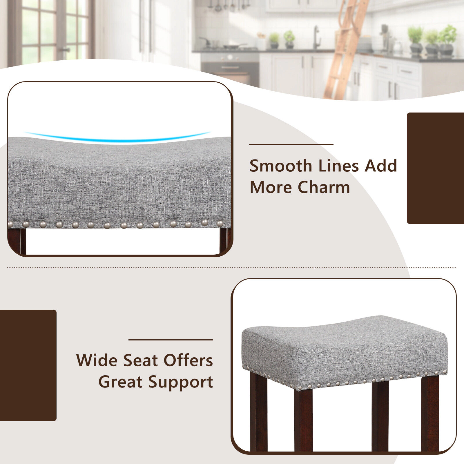 Glintex 2-Piece Backless Counter Stool Set with Curved Seat and Nailhead Trim, Gray + Brown