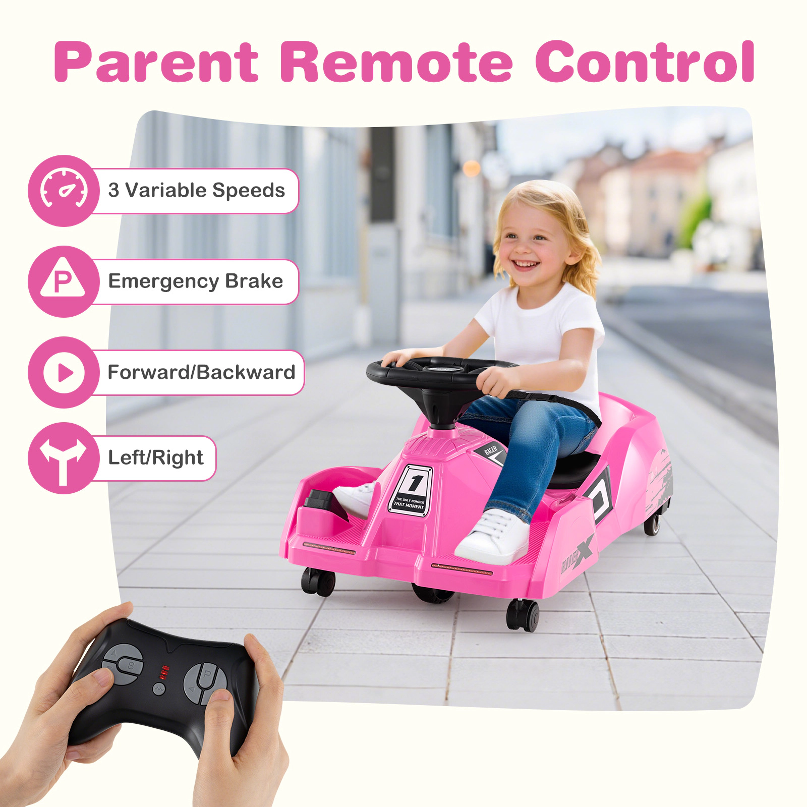 SUGIFT Pink Detachable Mop and Remote Control 12V Kids Electric Cleaning Go Kart