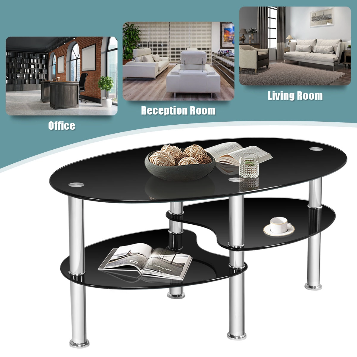 Glintex 35-Inch Oval Glass Coffee Table with 2 Bottom Storage Shelves