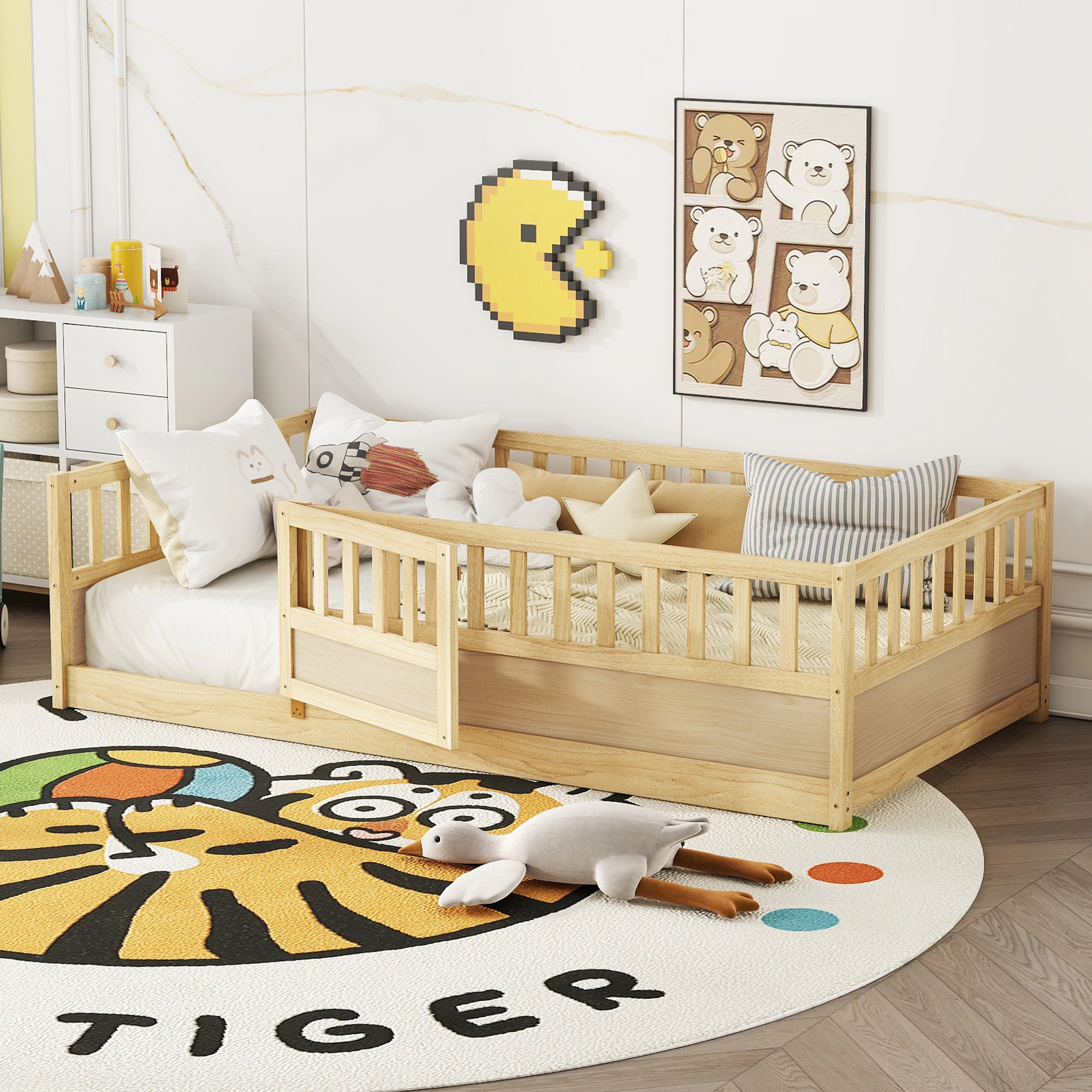 Flynama Twin Montessori Floor Bed, High Safety Barrier & Door, Solid Wood, Natural (Patented)