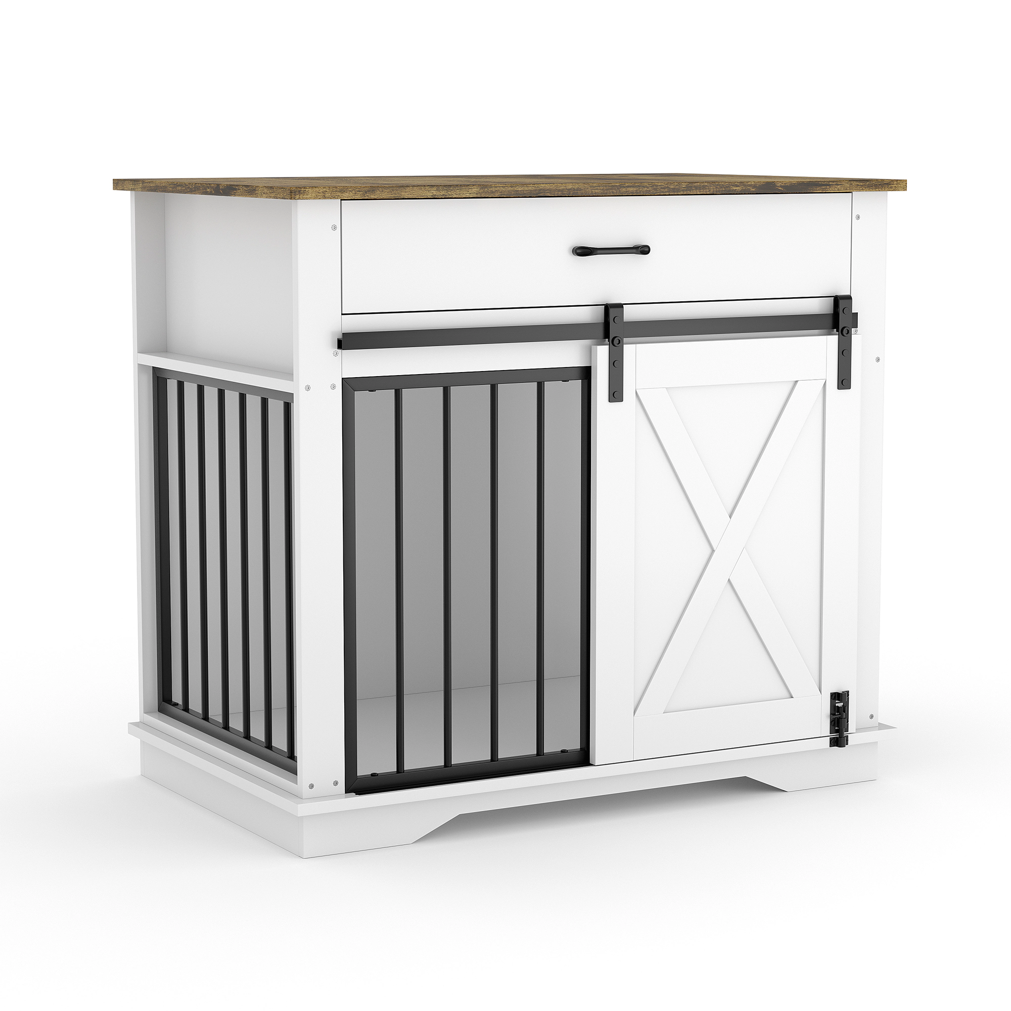 38" Farmhouse Style Dog Crate Furniture with Sliding Barn Door, Storage Drawer & Pet Cage Side Table