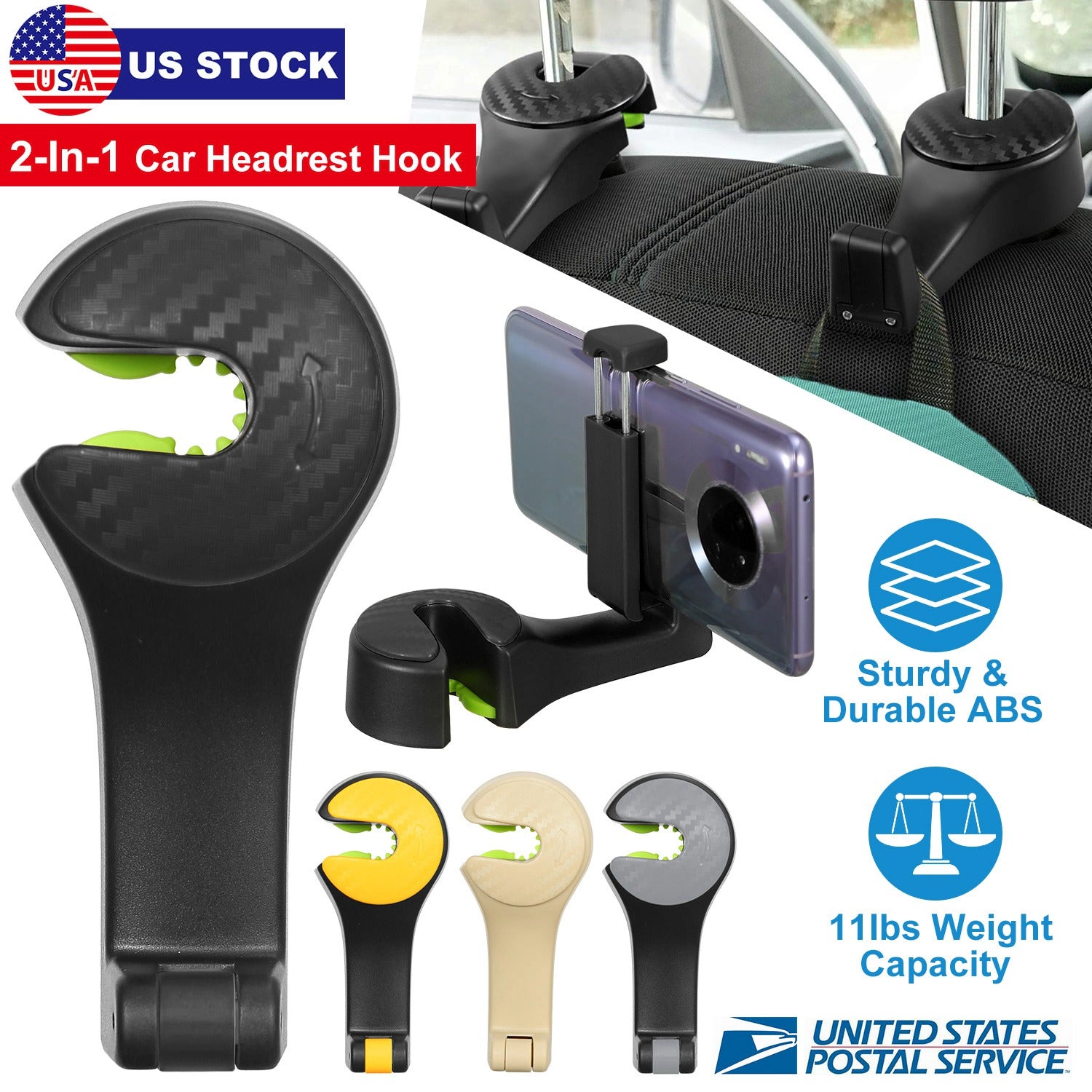 GBruno 2-in-1 Car Headrest Hook With Phone Holder