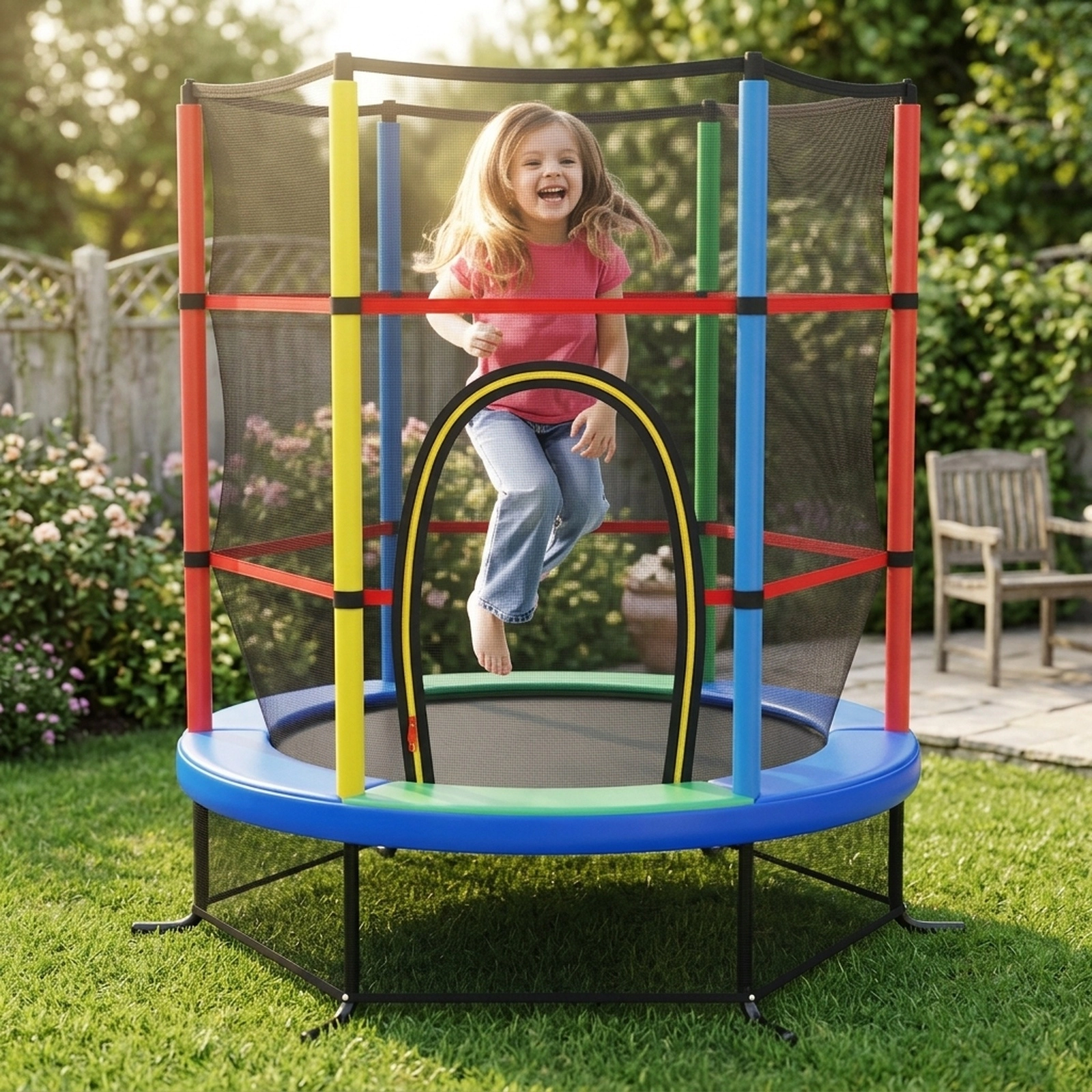55-in Kids Trampoline Safety Enclosure Net 30 Tension Ropes 300-lb Capacity L-Shaped Steel Legs Yellow Jumping Mat