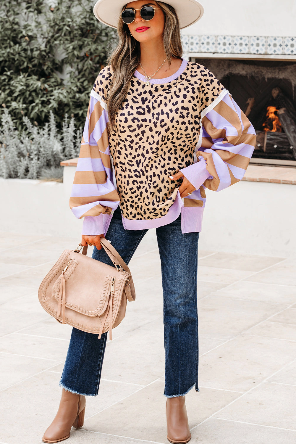 Threaded Pear Women's Olivia Stripe Leopard Casual Sweatshirt