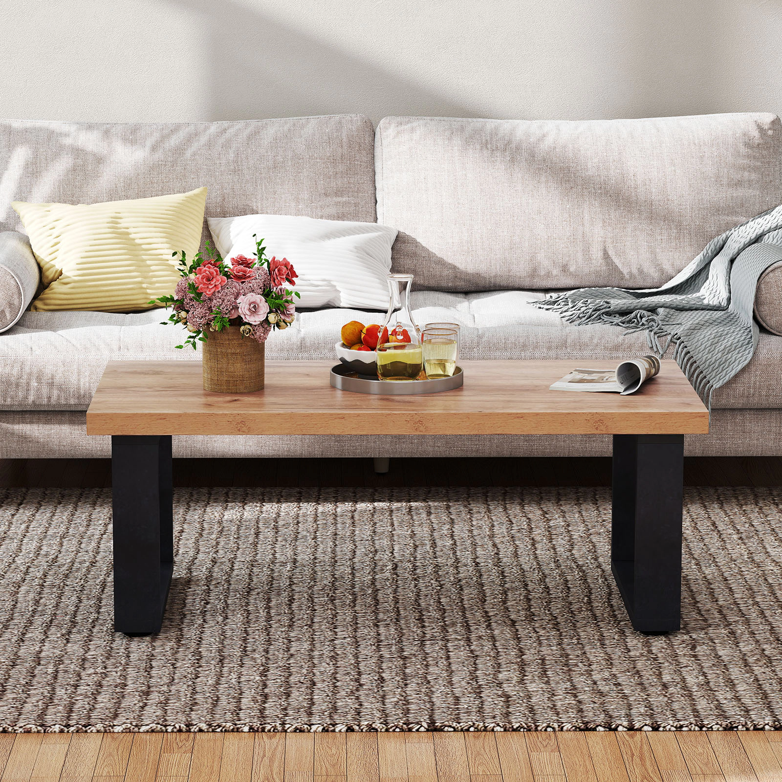 SUGIFT 1.8-in Thick Top Engineered Wood Farmhouse Rustic Coffee Table 47-in x 23-in x 18-in 176-lb Capacity Oak