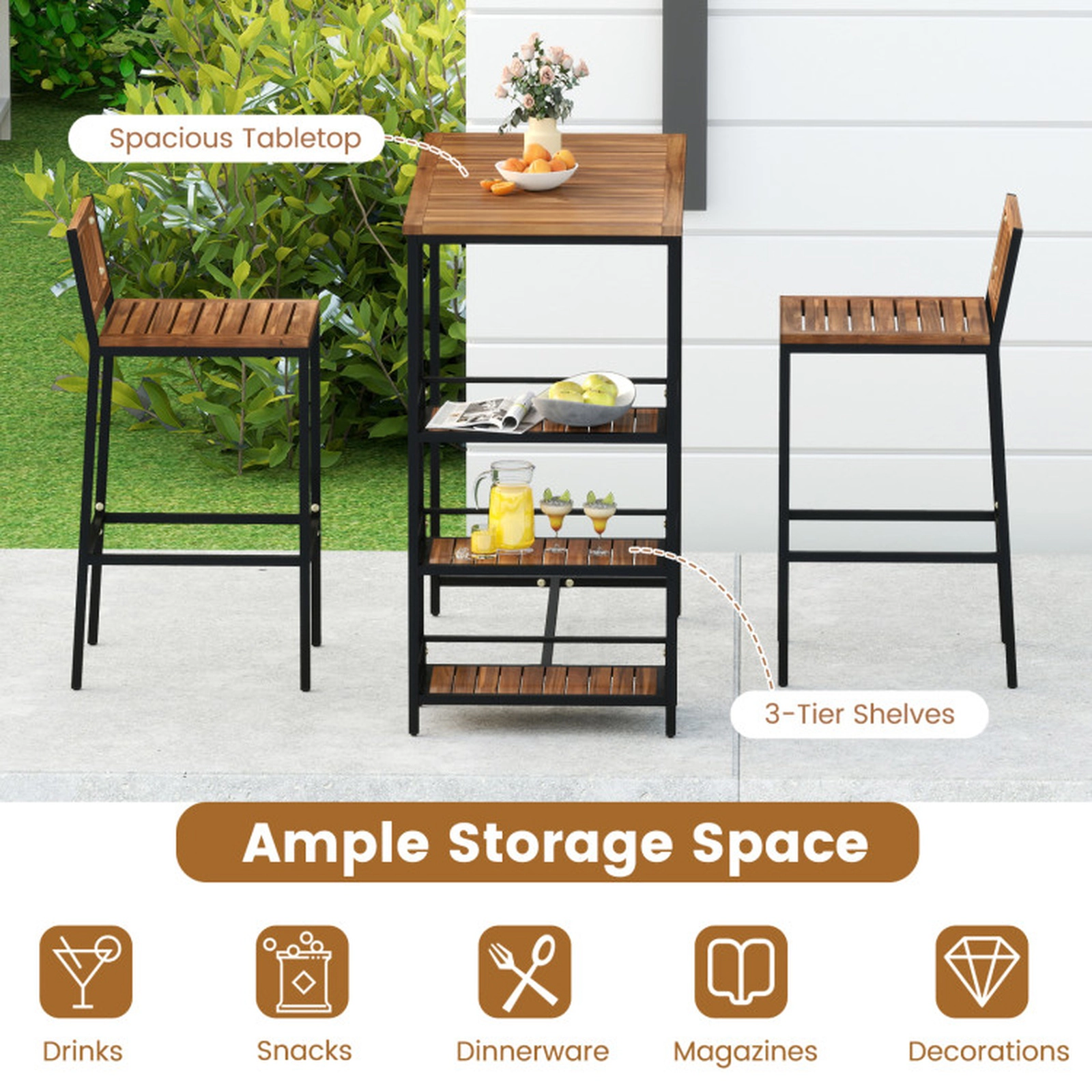 SUGIFT Outdoor Bar Set with 3-Tier Storage Shelf 400-lb Chair Capacity Black + Natural