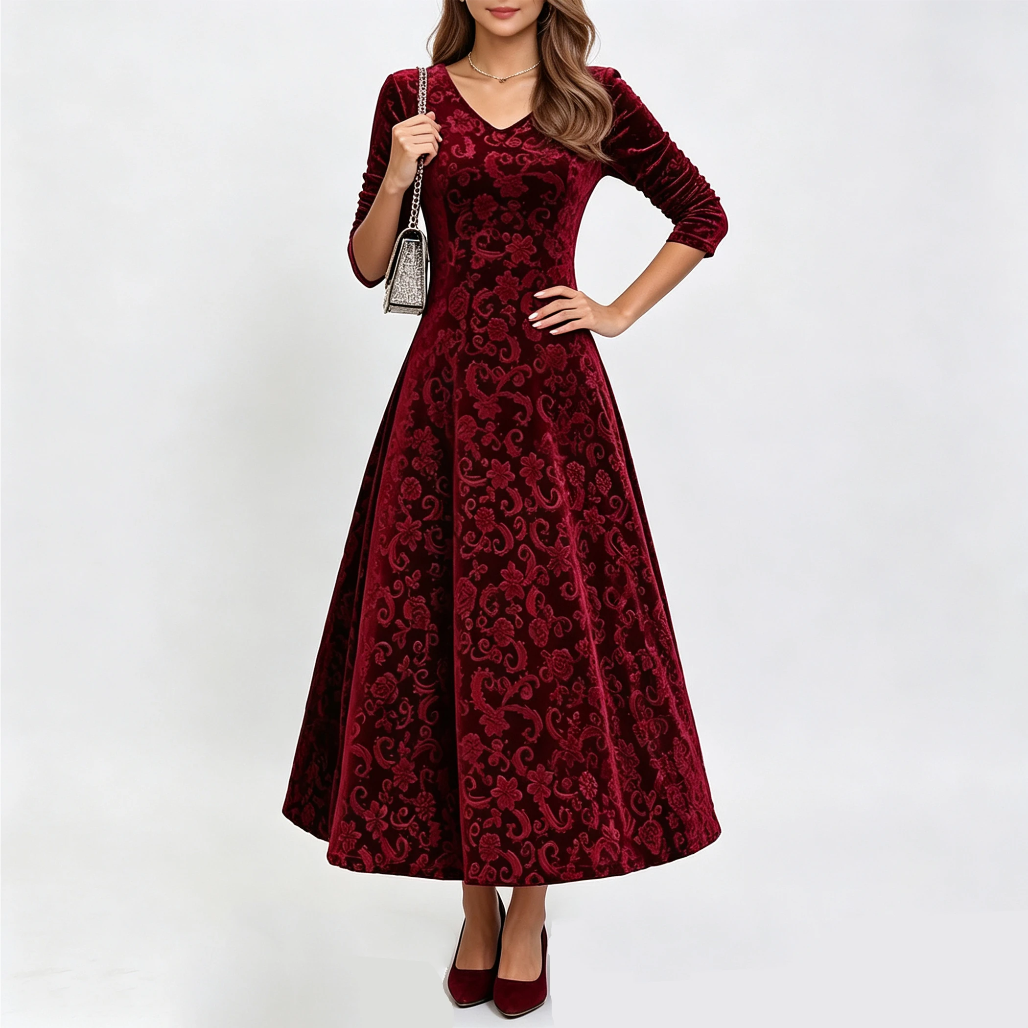 YesFashion Women Long Sleeve Velvet Maxi Dress V-Neck High Waist Flowy Floral Print