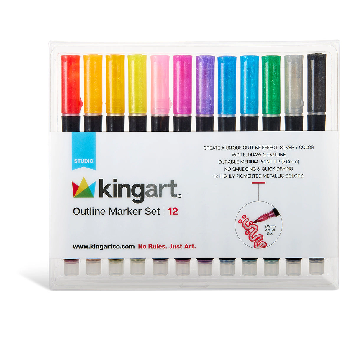 KINGART Outline Glitter Markers 12 pc - Metallic Silver Center with Color Outlines