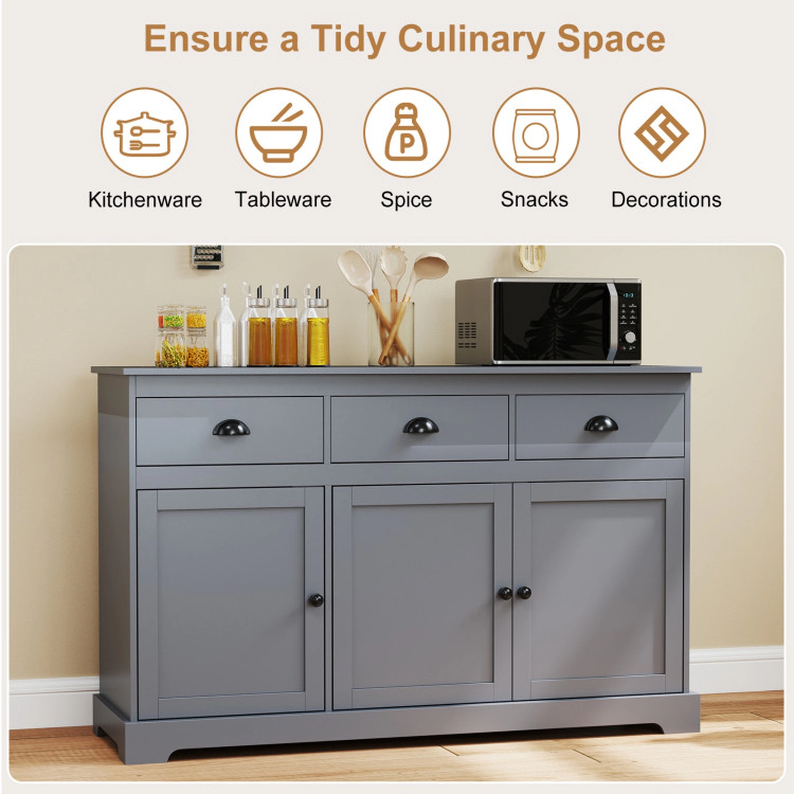 SUGIFT 3-Drawer Cup Handles Adjustable Shelves Sideboard Buffet Cabinet 53.5-in x 17-in x 34-in 22-lb per Shelf Gray