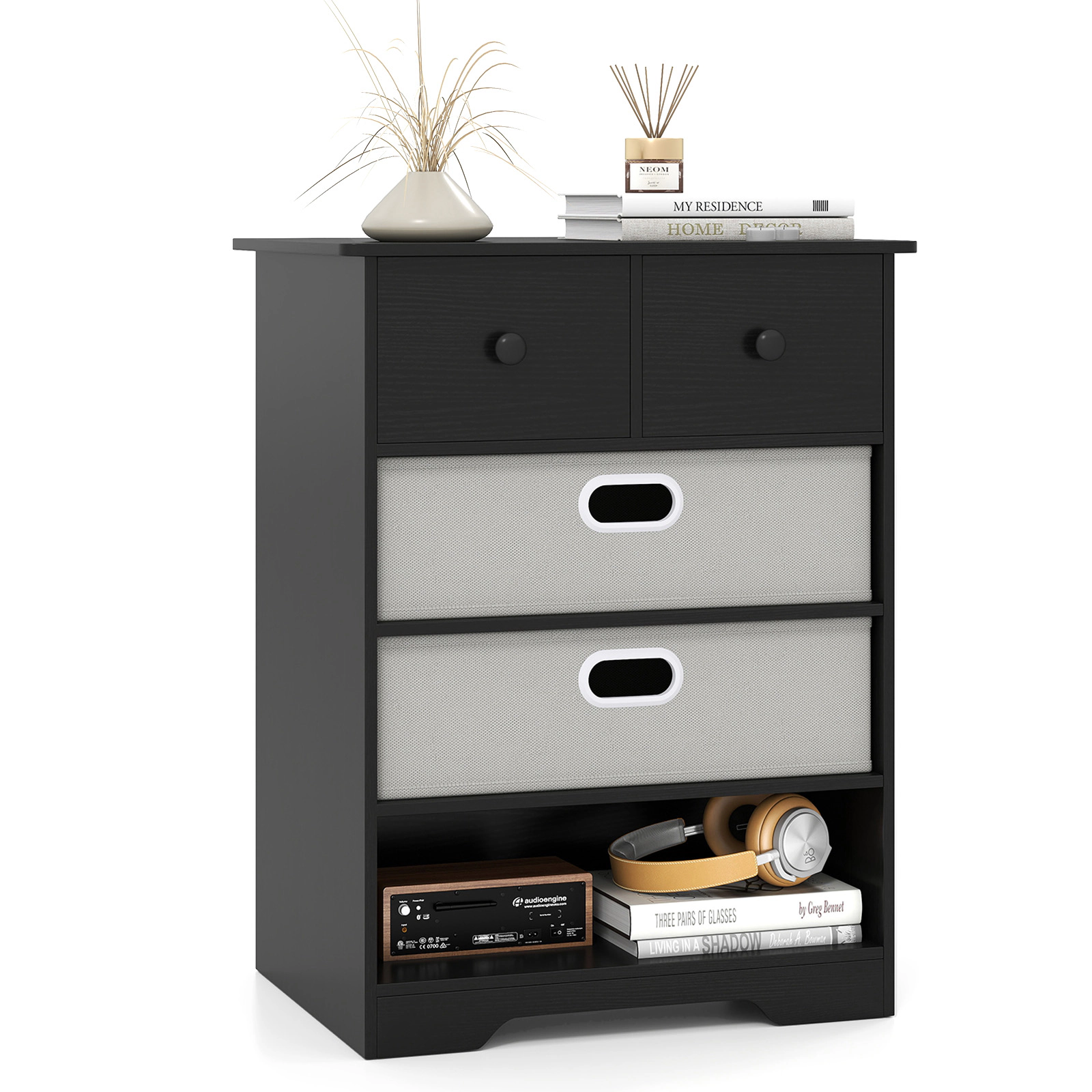 Glintex 4-Drawer Dresser with Open Shelf and Removable Fabric Drawers