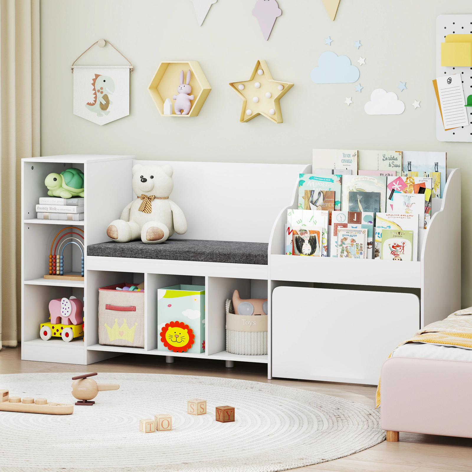 SUGIFT Kids 6 Cubbies Movable Drawer Reading Nook Seat 3-Tier Bookcase 67-in x 16-in x 32-in 330-lb Capacity White