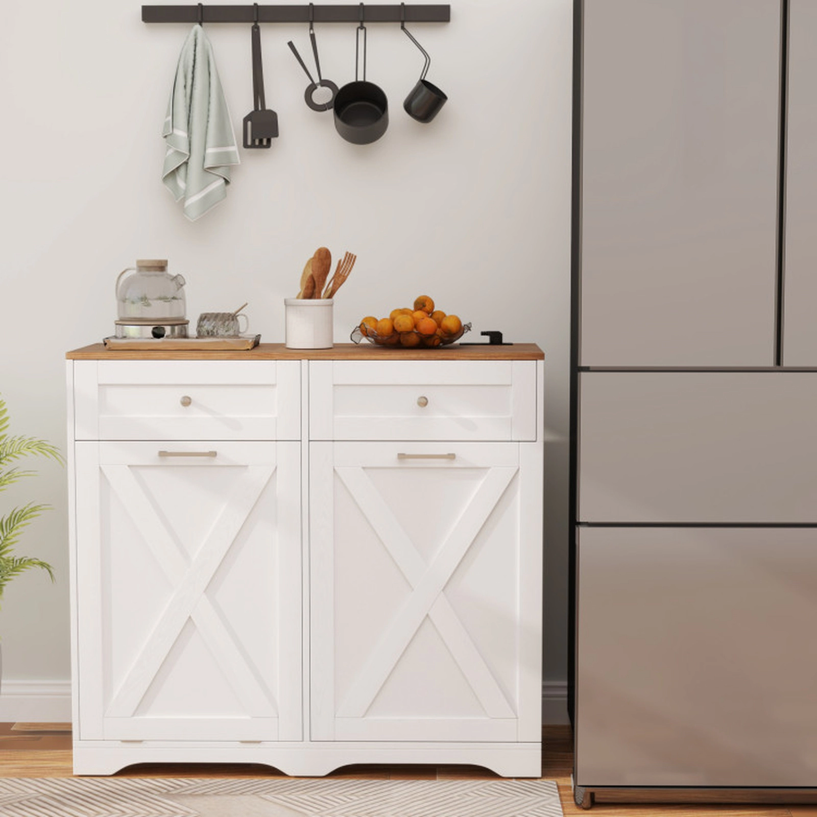 SUGIFT Tilt Out Trash Can Cabinet Sideboard with Power Outlets and Shelf 100-lb Countertop 35-lb Trash Can Holder