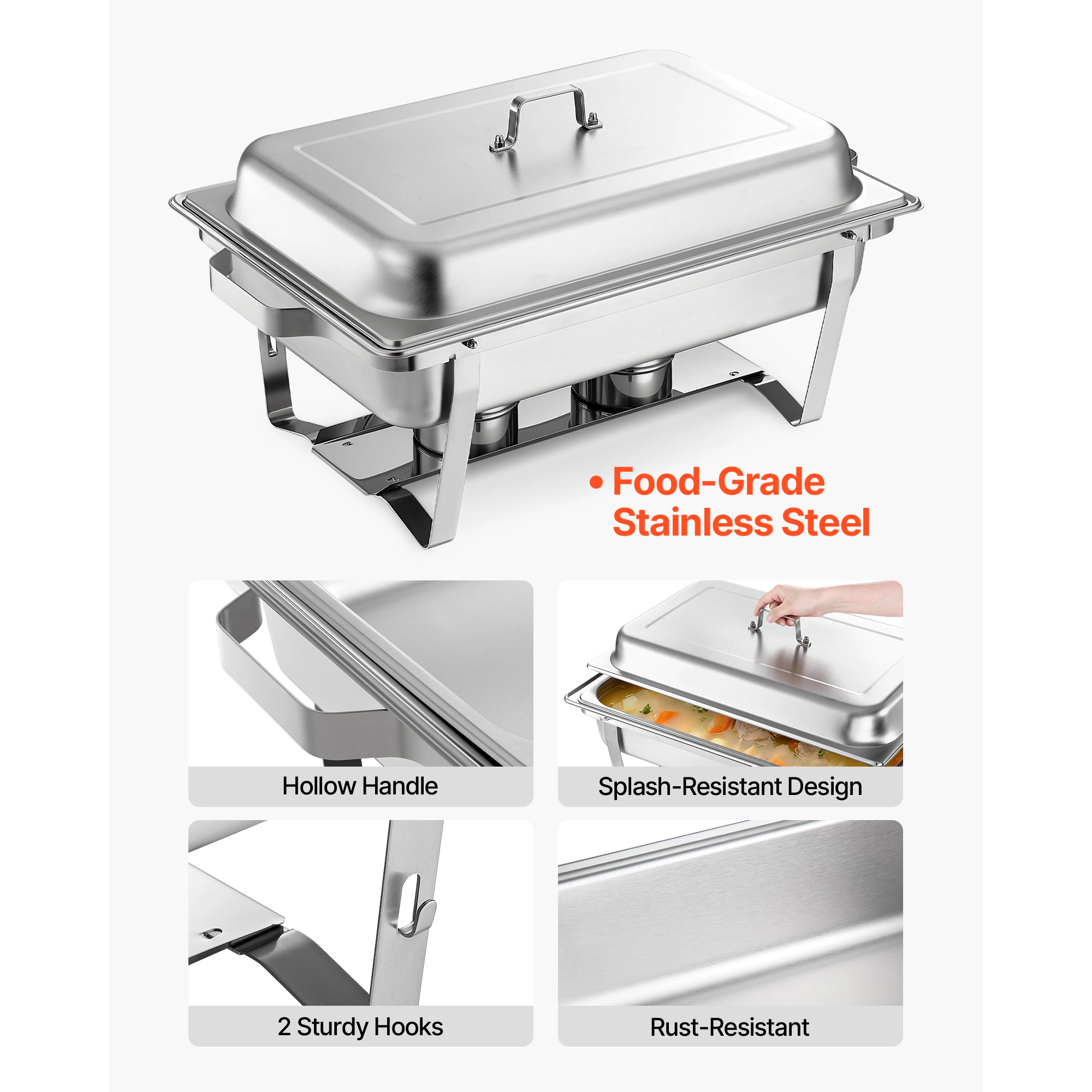 HONGGE Rectangle Chafing Dish 9 Qt Stainless Steel Chafing Dish Food Warmer Chafer Complete Set with Hollow Handle Food