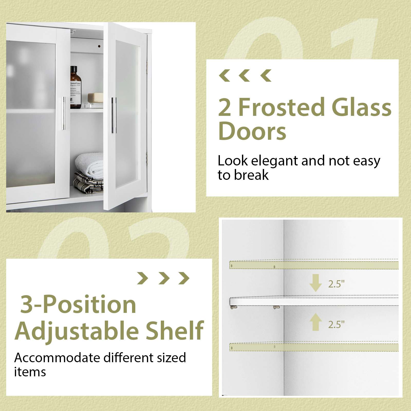 SUGIFT Over the Toilet Storage Cabinet White 67 in with Frosted Glass Doors and Adjustable Shelf
