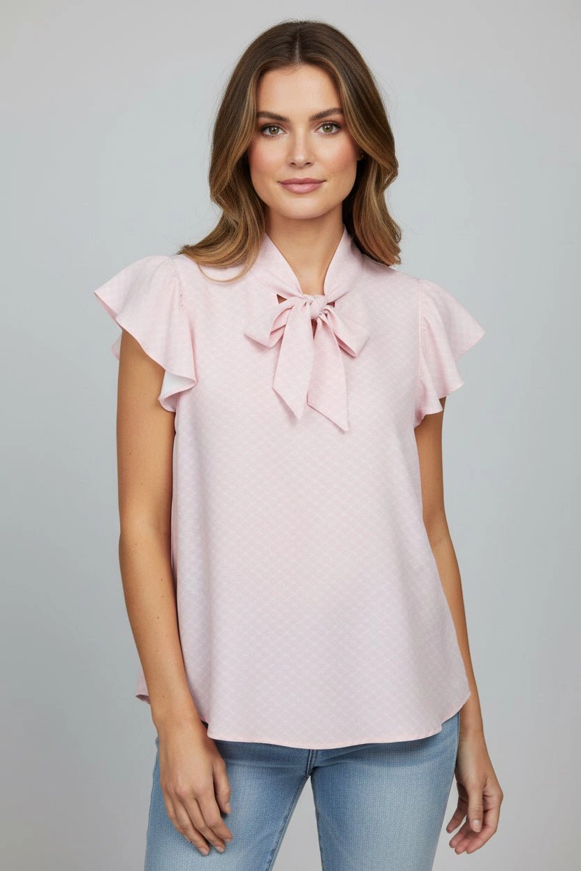 DressAtR Women's Tie Neck Flutter Sleeve Pullover Blouse