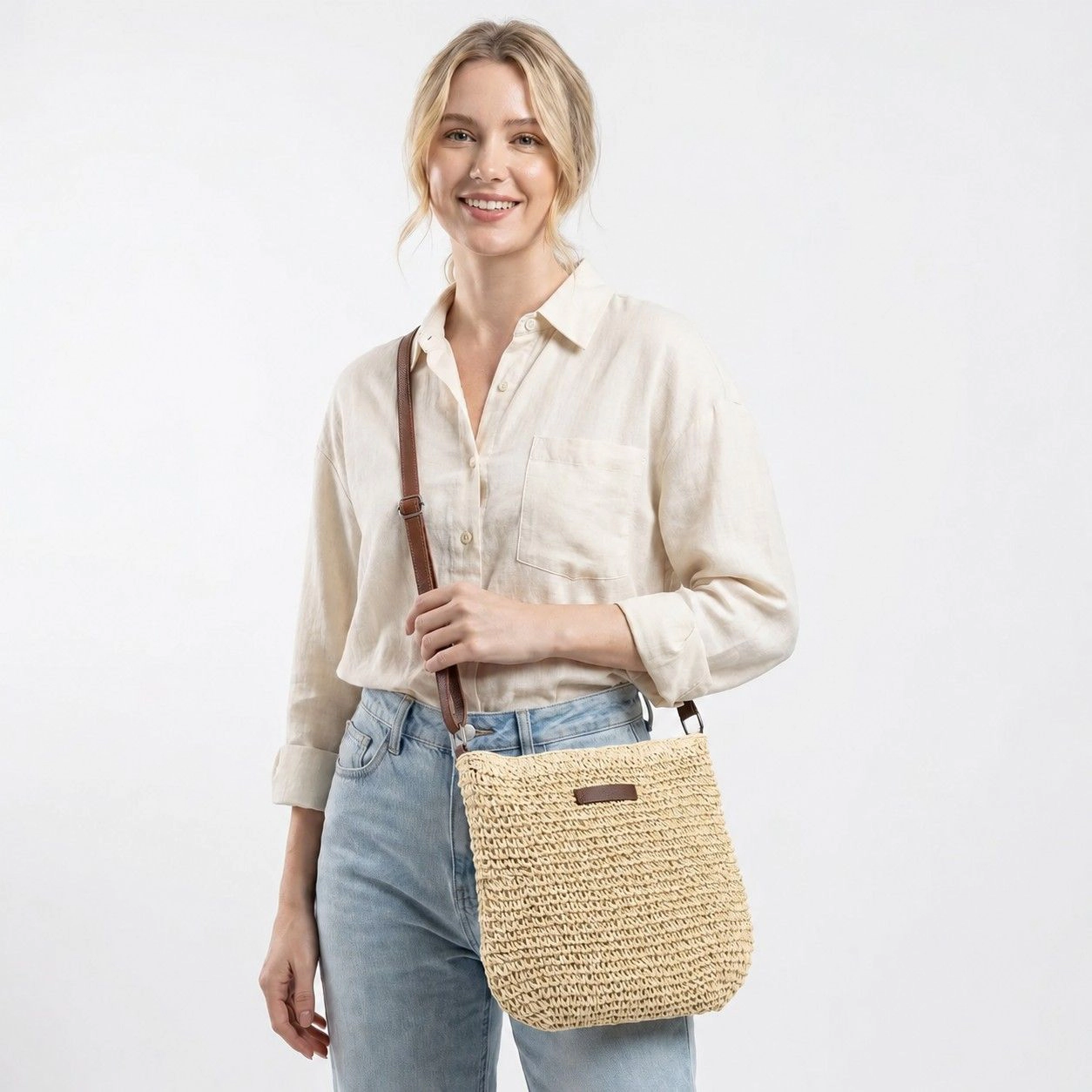 Alilang Women's Textured Woven Crossbody Bag with Zip Closure Adjustable Strap and Inner Pocket, Beige