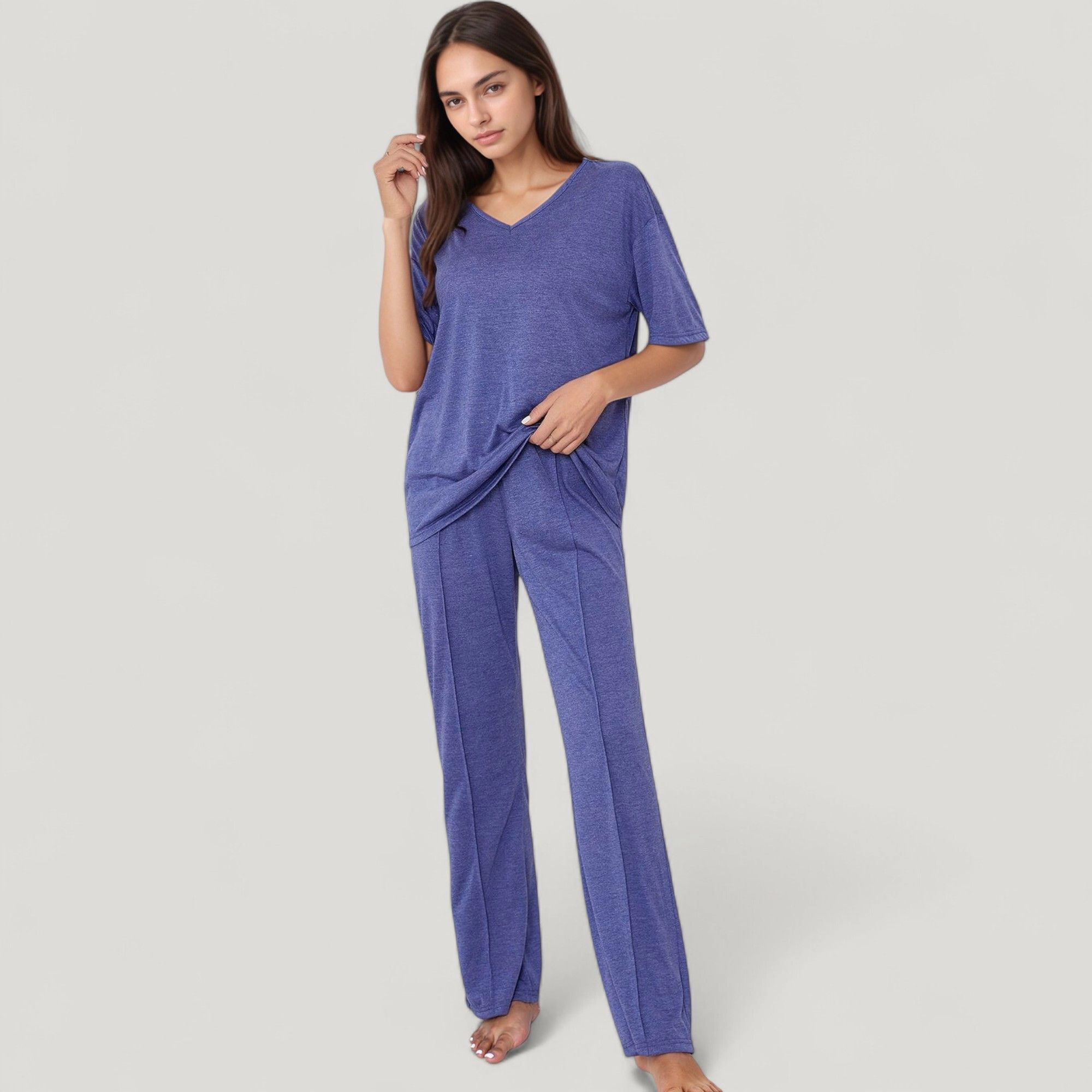 Anna-Kaci Women's Short Sleeve V-Neck Pajama Set with Relaxed Fit Knit Top and Wide Leg Lounge Pants